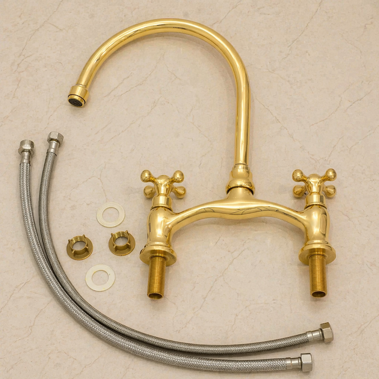 Verdeau unlacquered brass bridge kitchen faucet with cross handles and high-arc gooseneck spout