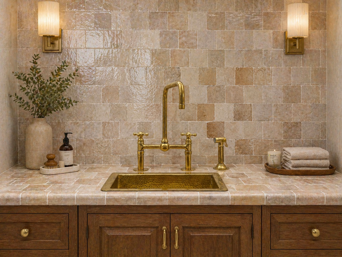 8-inch unlacquered brass bridge kitchen faucet with cross handles, square swivel spout and side sprayer