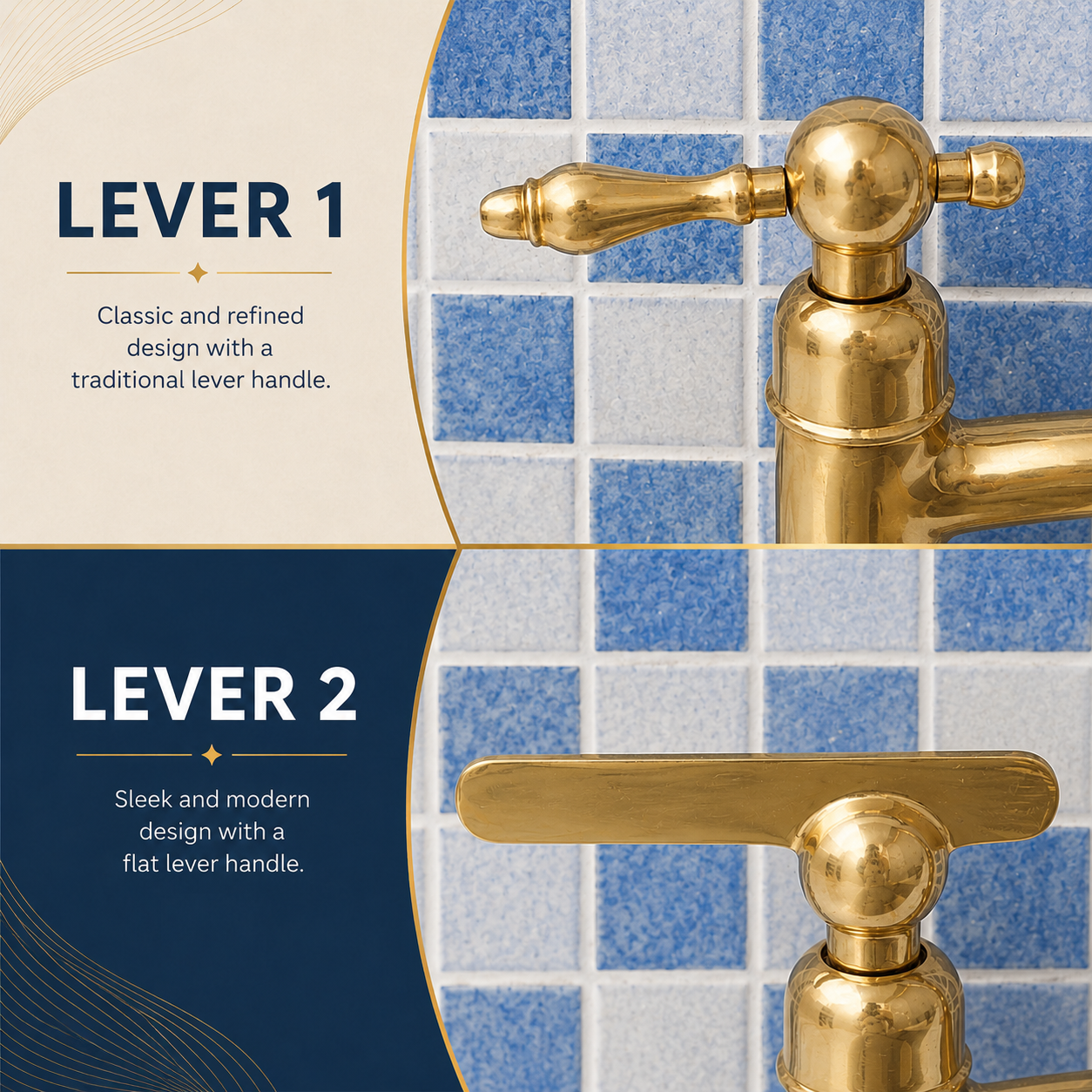 Handcrafted unlacquered solid brass wall mounted pot filler kitchen faucet with dual lever handles installed against blue tile backsplash