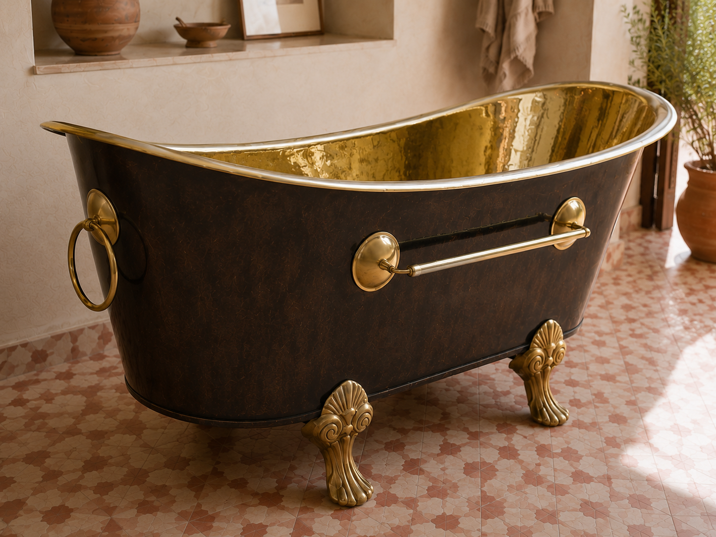 A freestanding clawfoot bathtub with a dark brown textured exterior and a polished gold interior, set in a warm-toned bathroom with patterned tile flooring.
