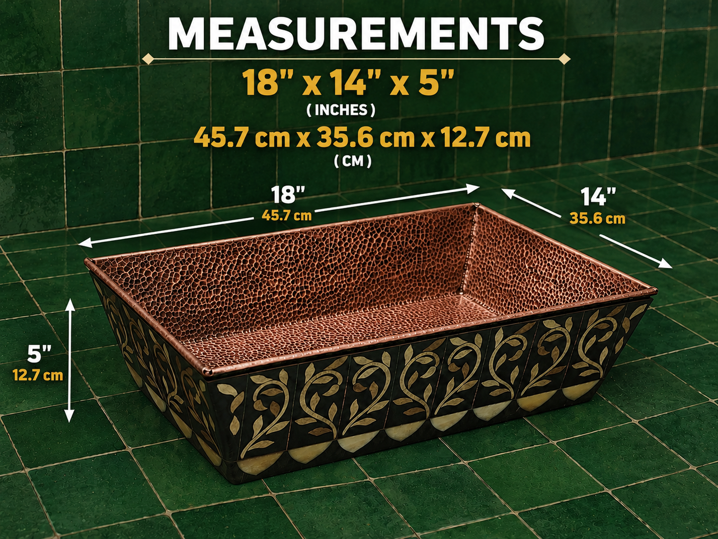 A hammered copper-colored rectangular storage basket or planter with a black and gold floral pattern, shown with overlaid dimension arrows and text reading 18 x 14 x 5 inches (45.7 x 35.