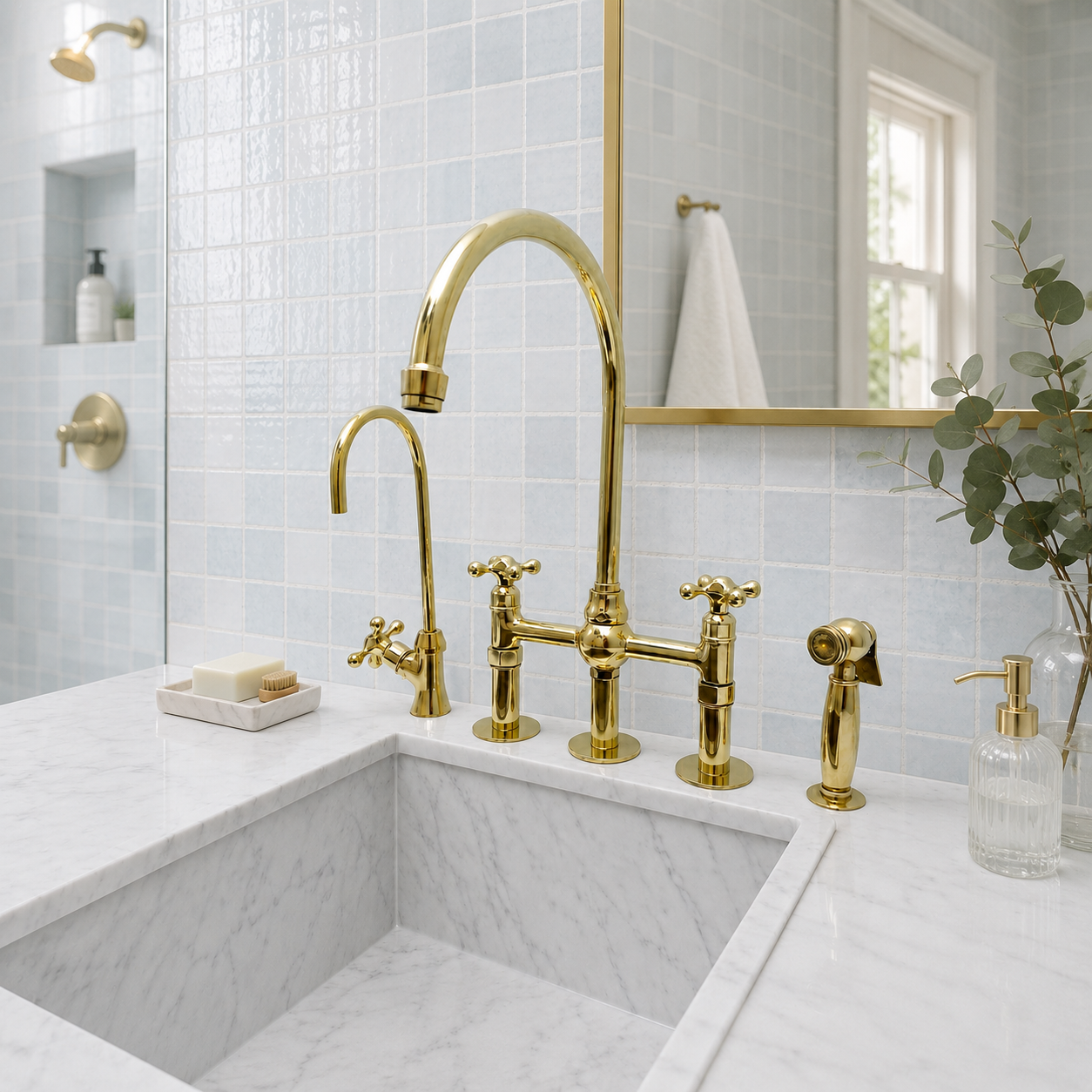A modern bathroom sink setup with a polished gold faucet set, including a tall curved main faucet, a smaller side faucet, a handheld sprayer, and a matching gold towel bar, installed on a white marble countertop against pale blue subway tile.
