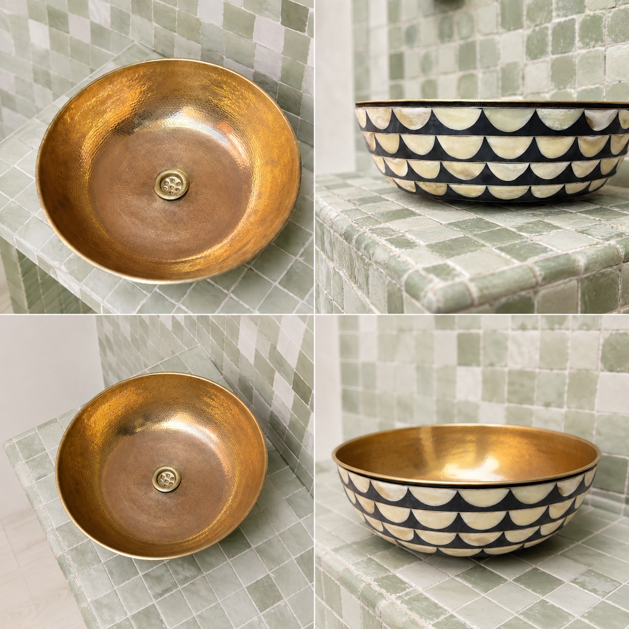 A four-panel collage showing a decorative bathroom vessel sink from multiple angles. The sink has a hammered metallic gold interior and a black-and-cream scallop pattern on the exterior, set against a green mosaic tile background.