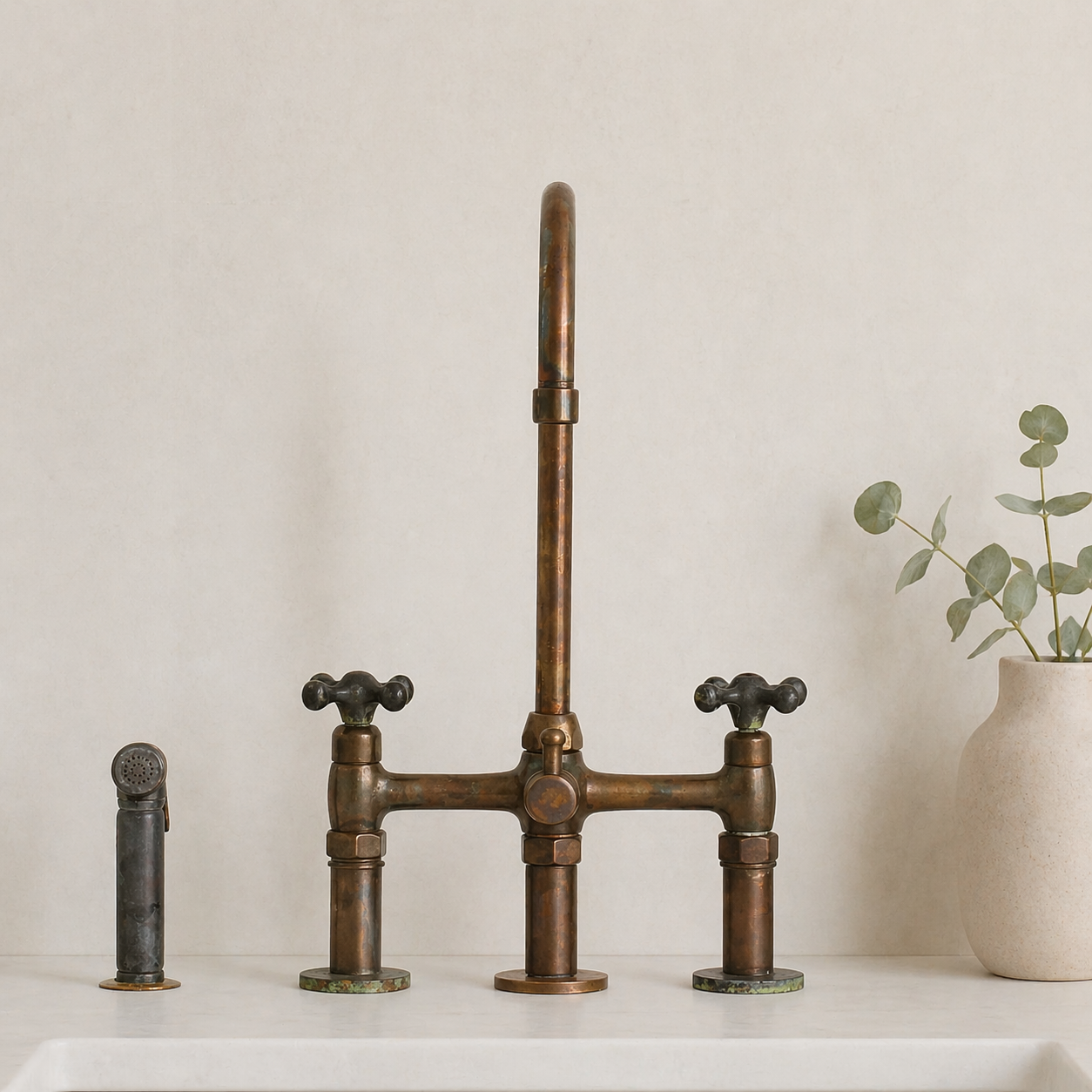 Aged brass bridge kitchen faucet with side sprayer installed on a marble countertop