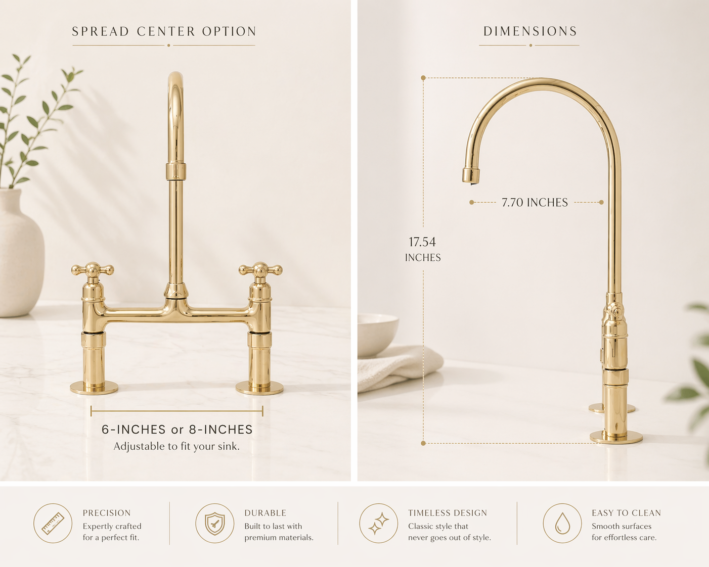 Brass bridge kitchen faucet dimensions showing 6 or 8-inch spread, 17.54-inch height and 7.70-inch reach