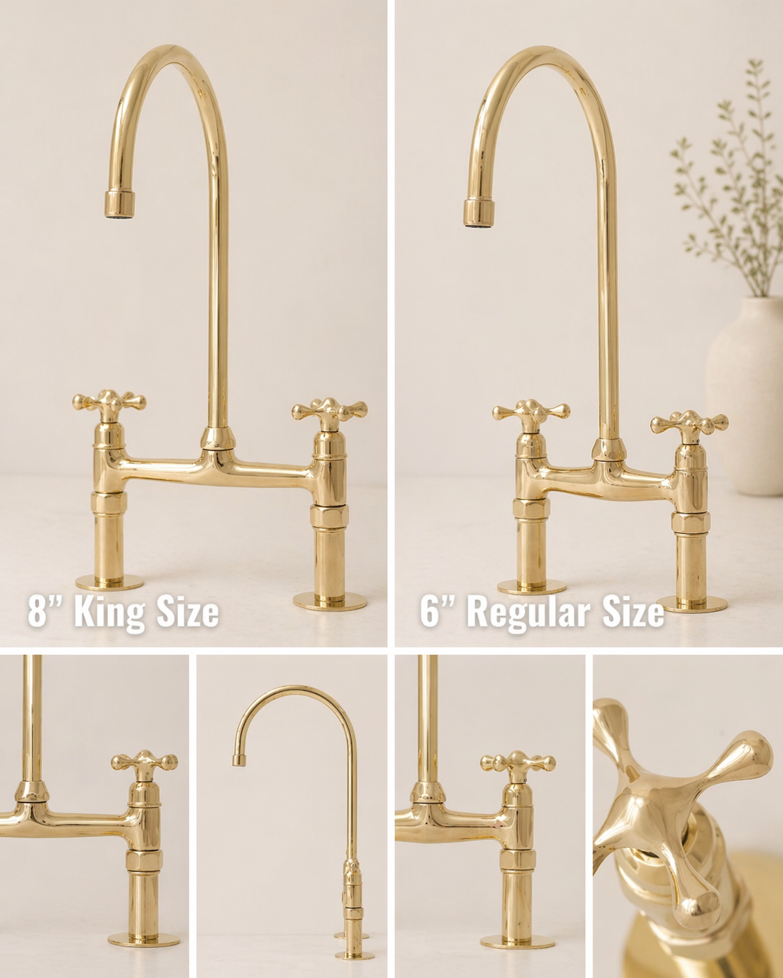 Brass bridge kitchen faucet in 8-inch and 6-inch spread options with detailed product views