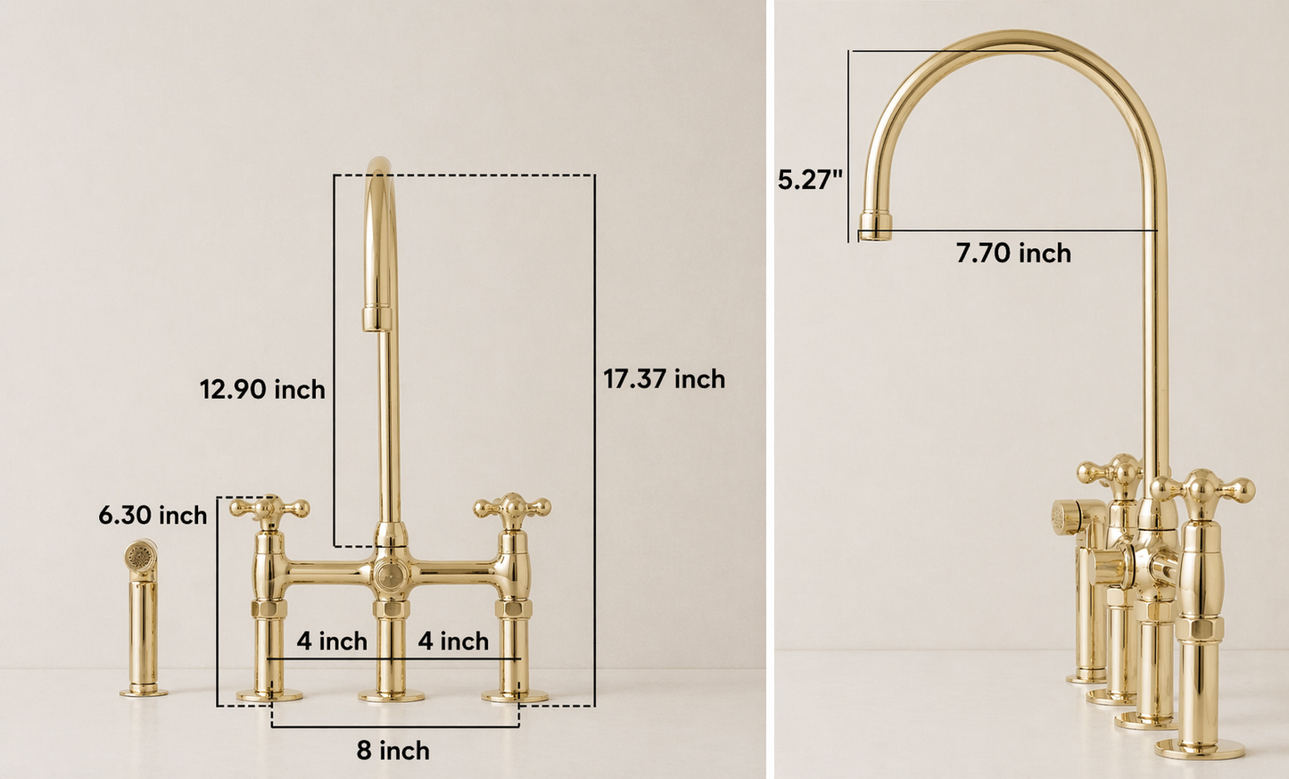Brass bridge kitchen faucet with sprayer and labeled dimensions for installation