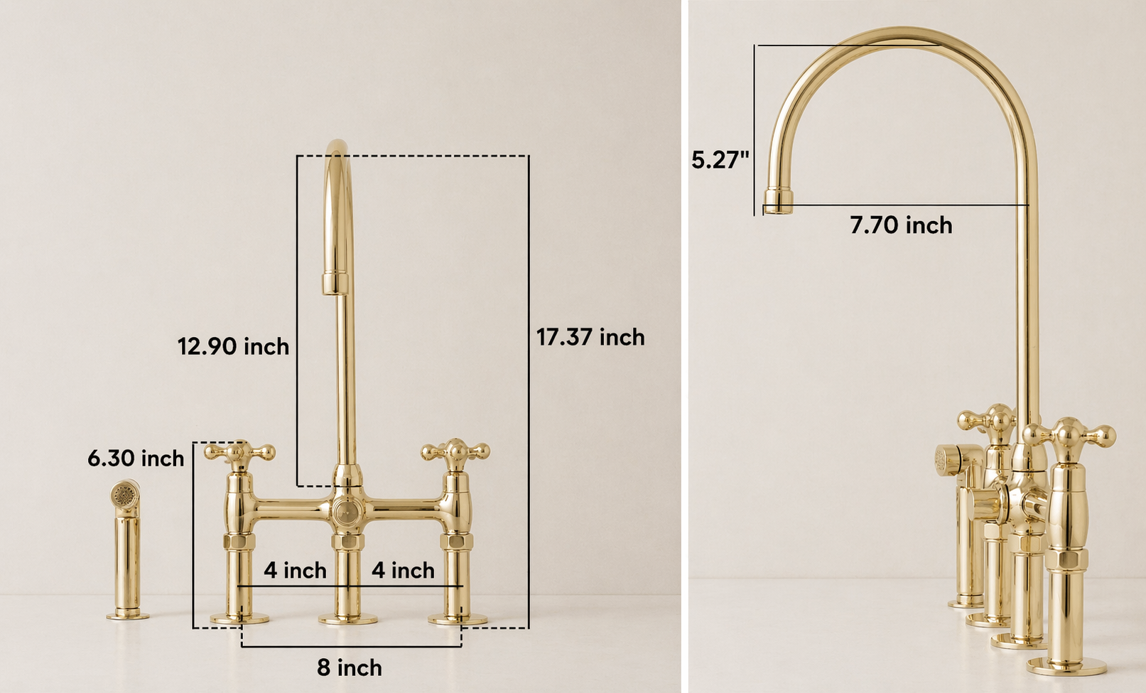 Brass bridge kitchen faucet with sprayer and labeled dimensions for installation