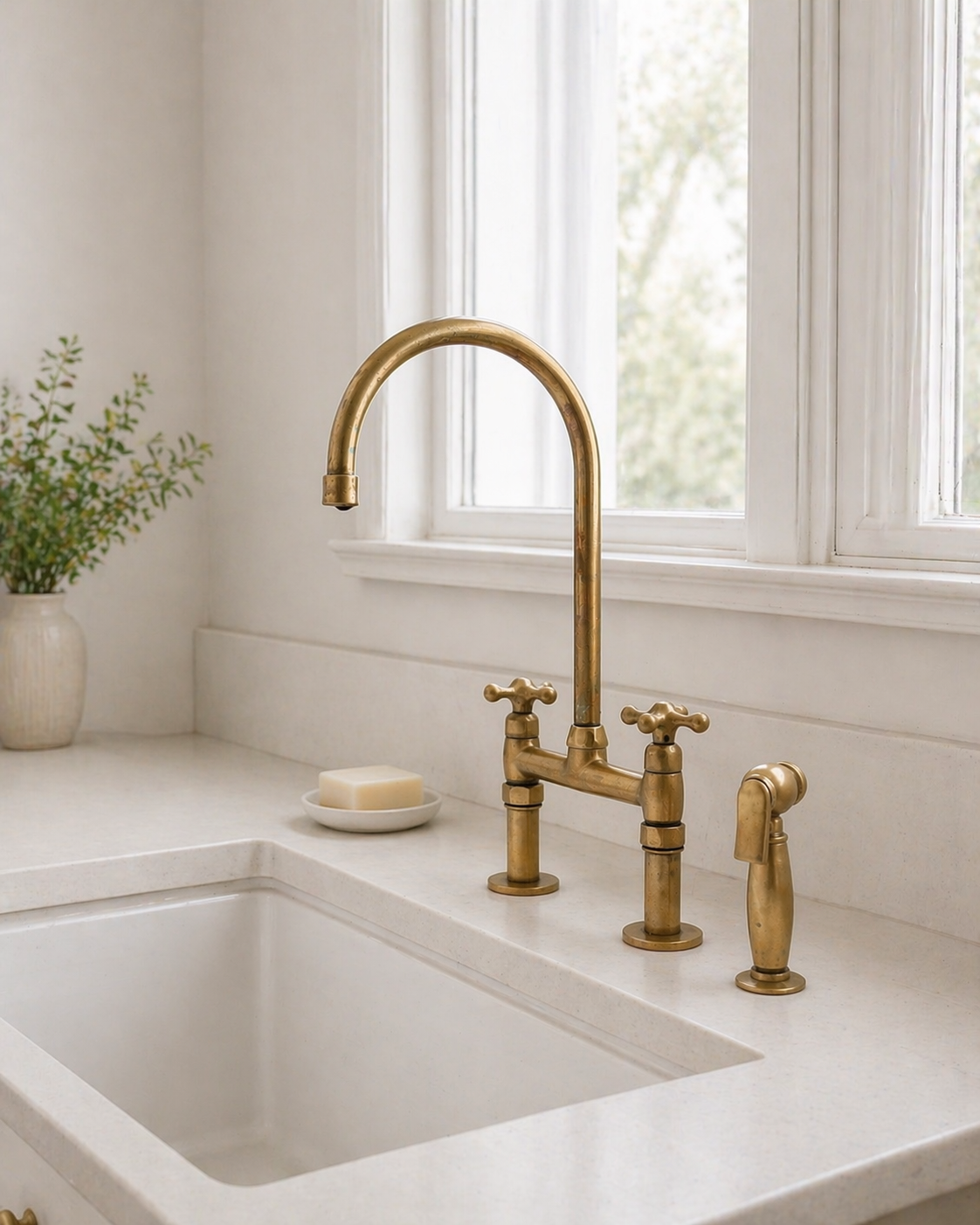 Brass kitchen fixture collection with bridge faucet, gooseneck faucet, sprayer, strainer and cold-water tap