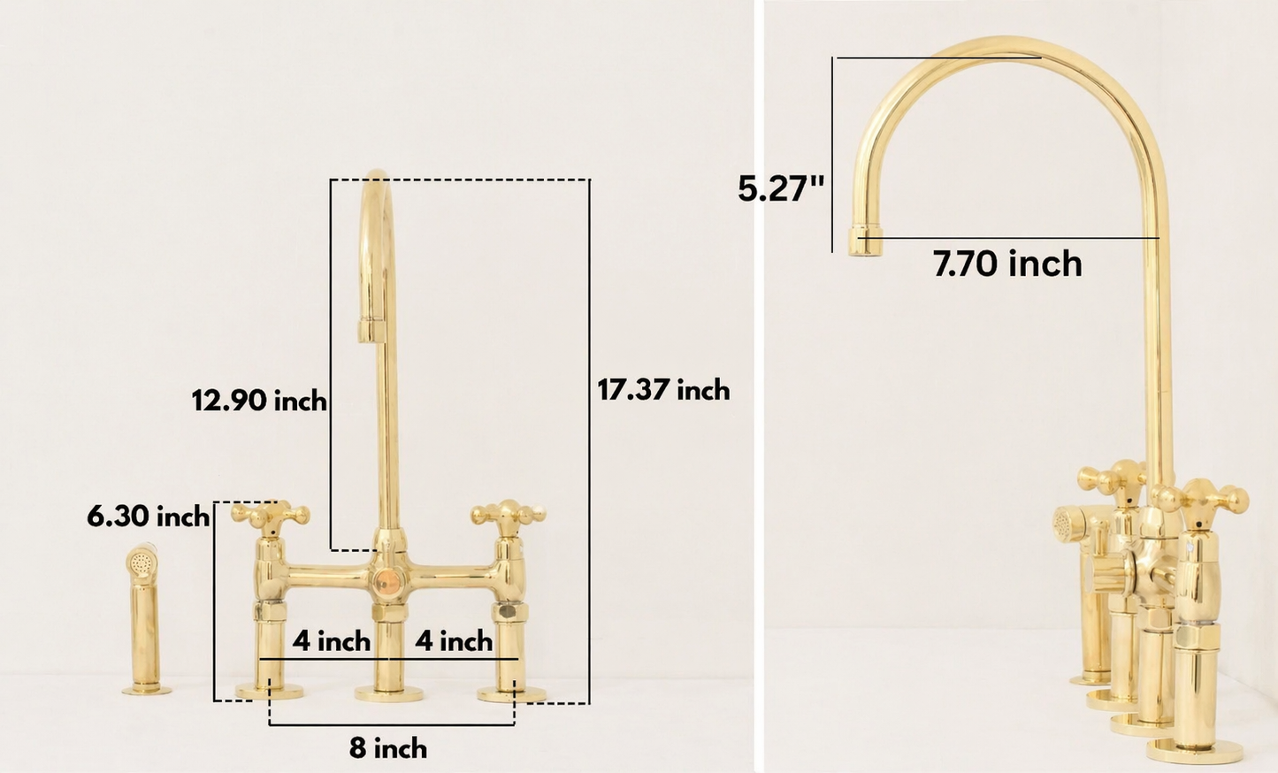 Gold bridge faucet with dimension annotations showing height, width, and spout measurements on a light beige background.
