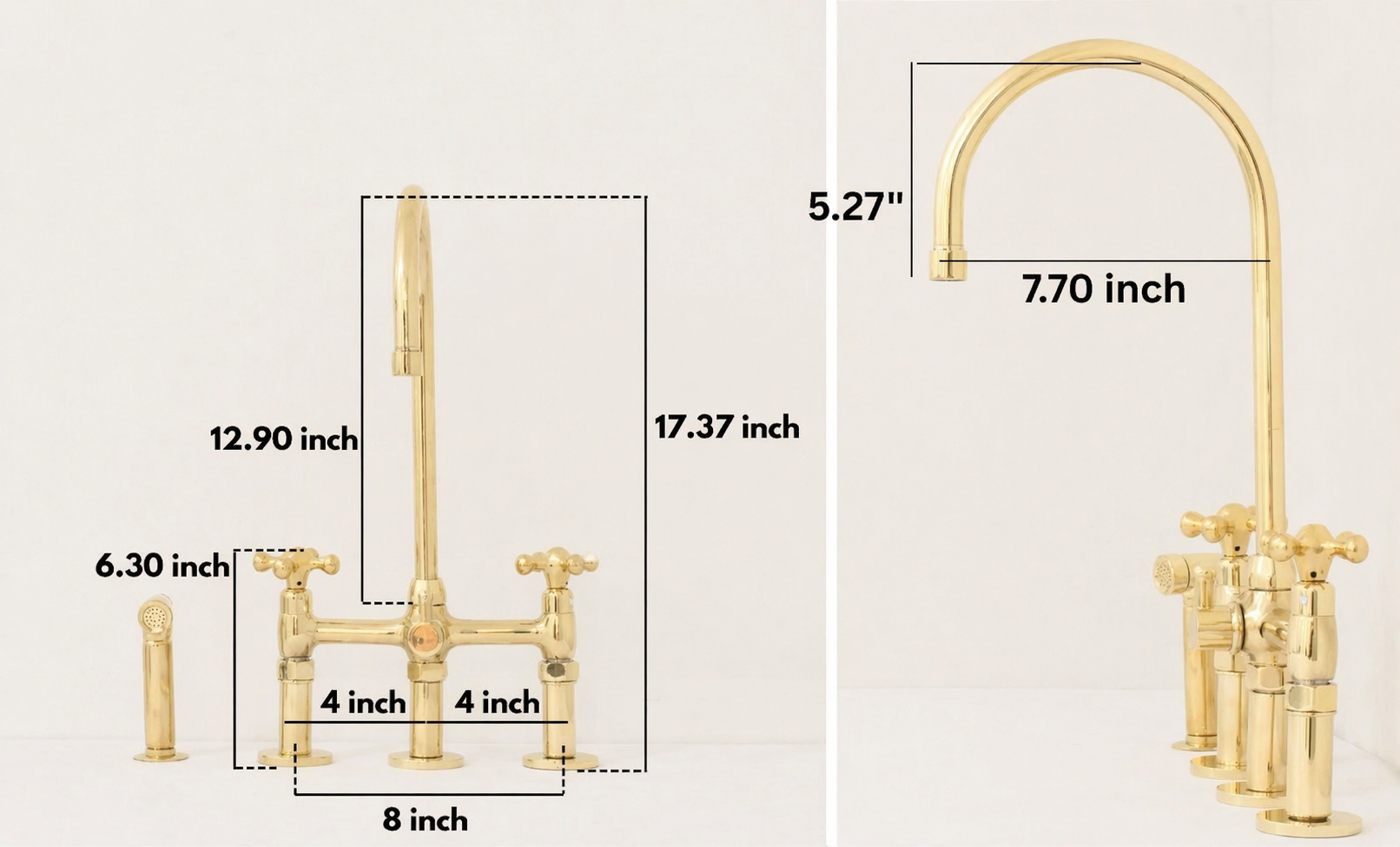Gold bridge faucet with dimension annotations showing height, width, and spout measurements on a light beige background.