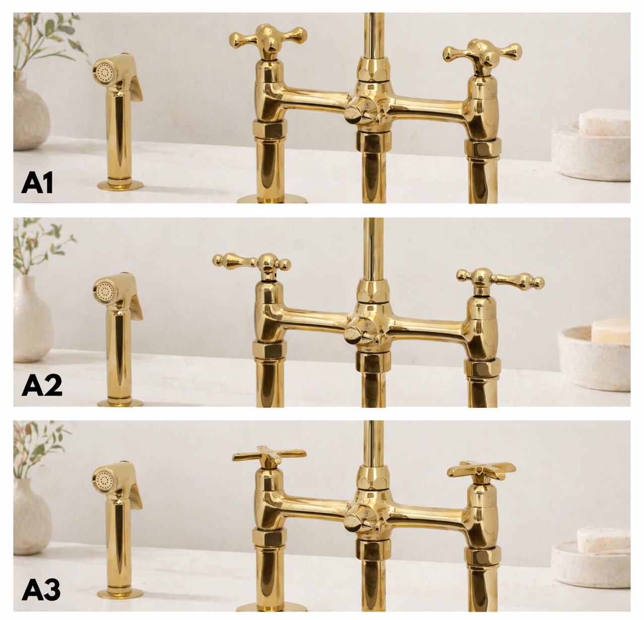 Three comparison panels labeled A1, A2, and A3 show a polished gold bridge faucet with a matching side sprayer in a bathroom setting. The panels highlight different angles or components of the faucet, set against a light marble countertop with decorative vases and soap dishes.