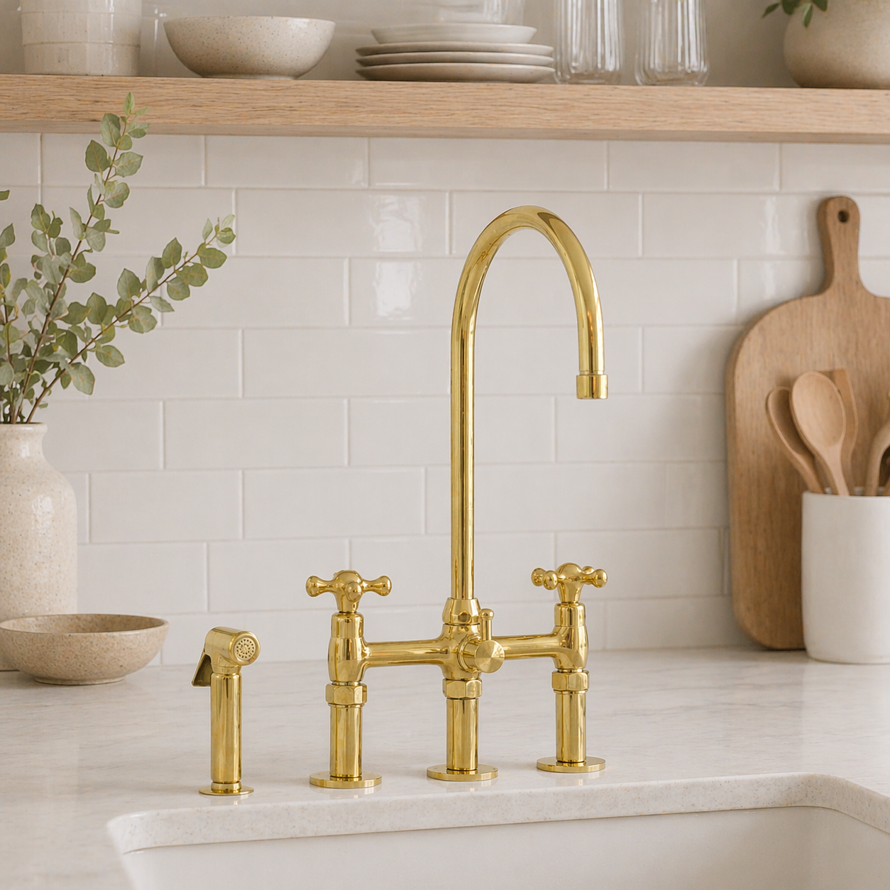 A polished brass three-hole bridge faucet with a high-arc spout, two cross-handle hot and cold valves, and a matching side sprayer, installed on a white kitchen countertop with a subway tile backsplash.