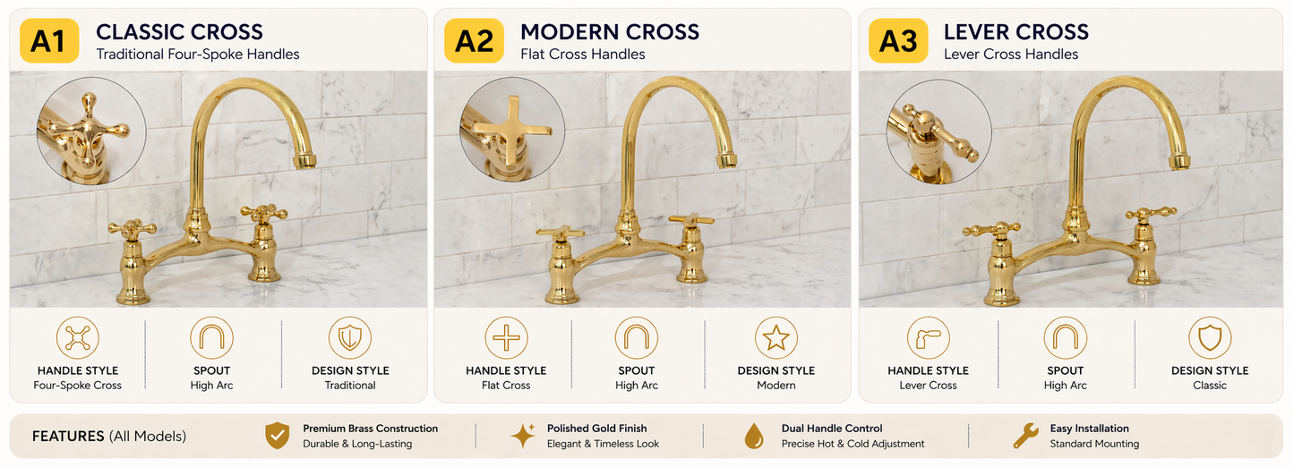 Verdeau unlacquered brass bridge kitchen faucet with cross handles and high-arc gooseneck spout