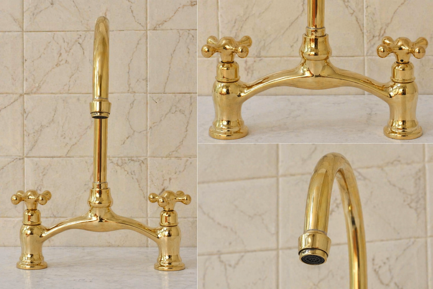 Verdeau unlacquered brass bridge kitchen faucet with cross handles and high-arc gooseneck spout