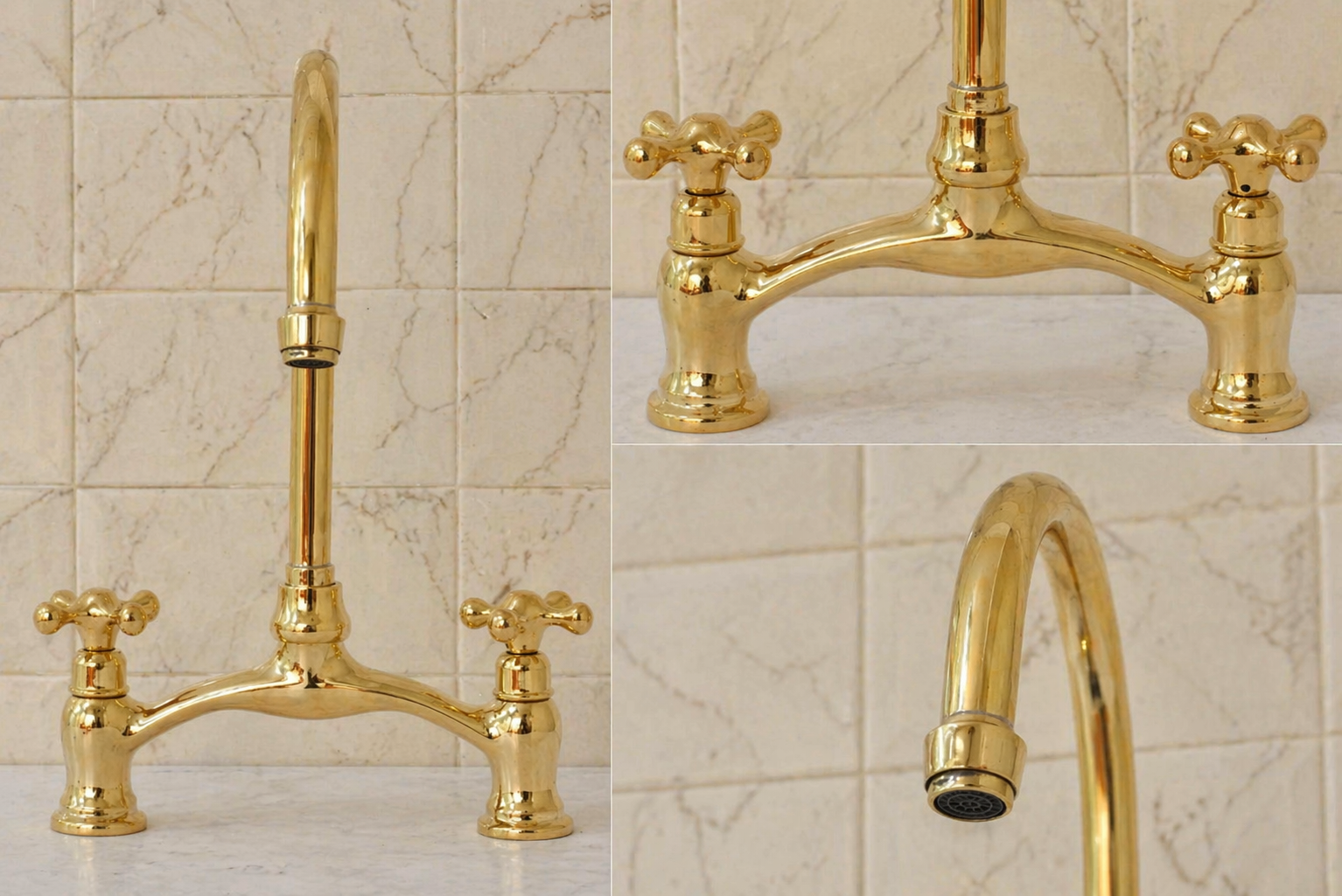 Verdeau unlacquered brass bridge kitchen faucet with cross handles and high-arc gooseneck spout