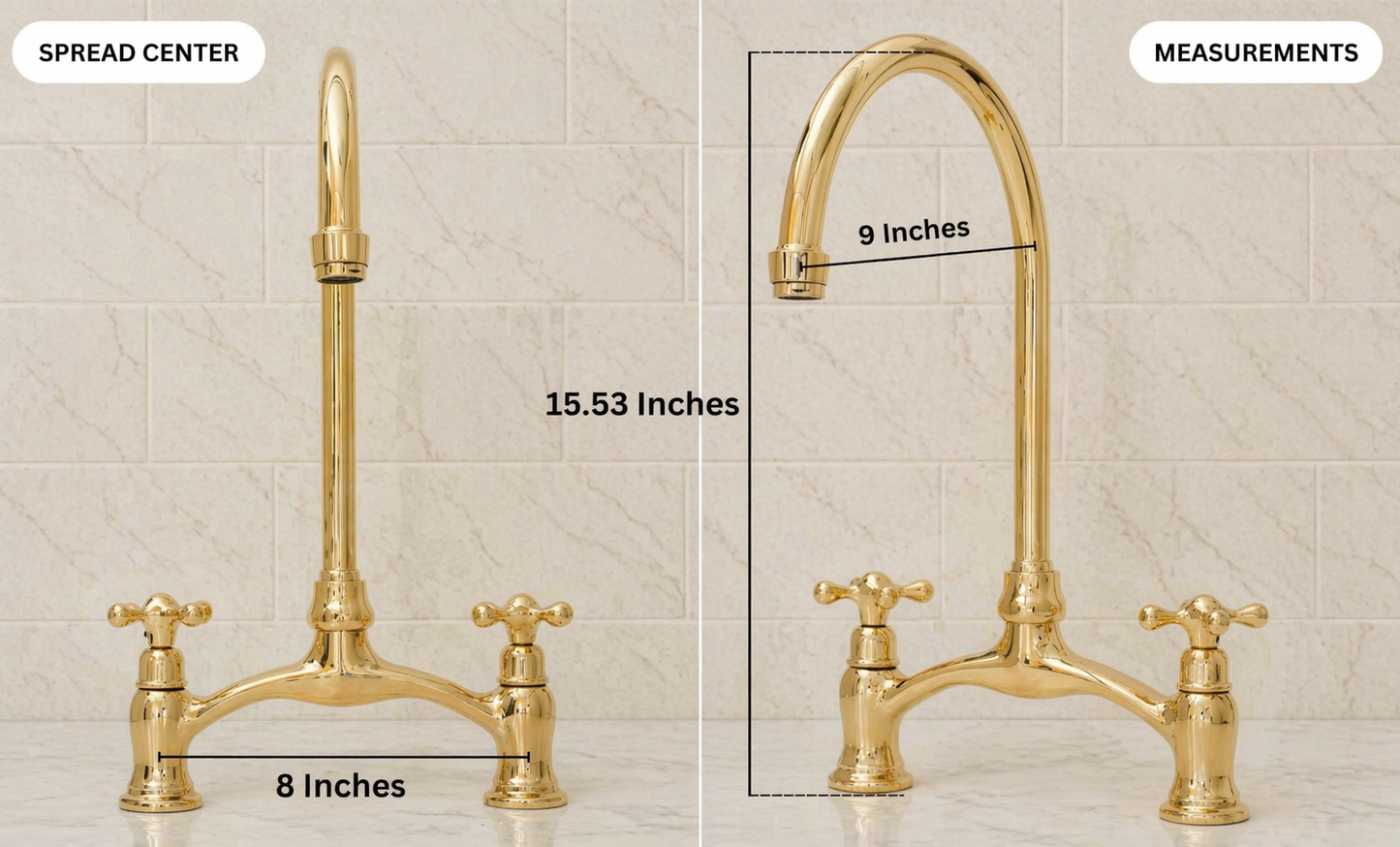 Verdeau unlacquered brass bridge kitchen faucet with cross handles and high-arc gooseneck spout