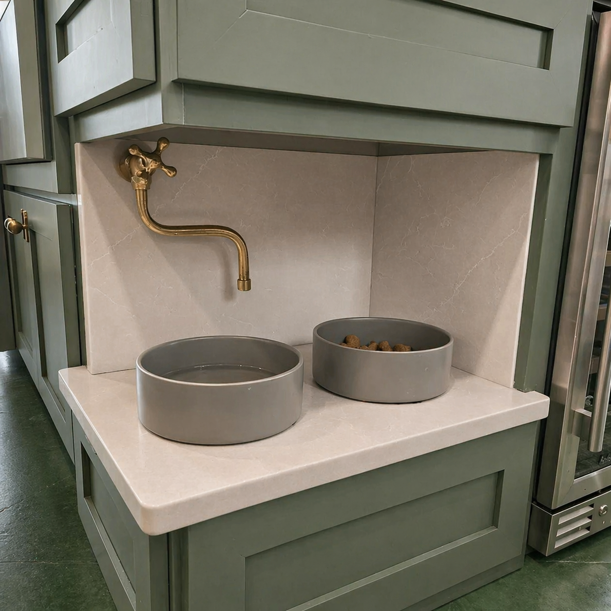 Handmade solid brass wall-mounted pot filler faucet with a swiveling neck and unlacquered living brass finish installed above a kitchen stove.