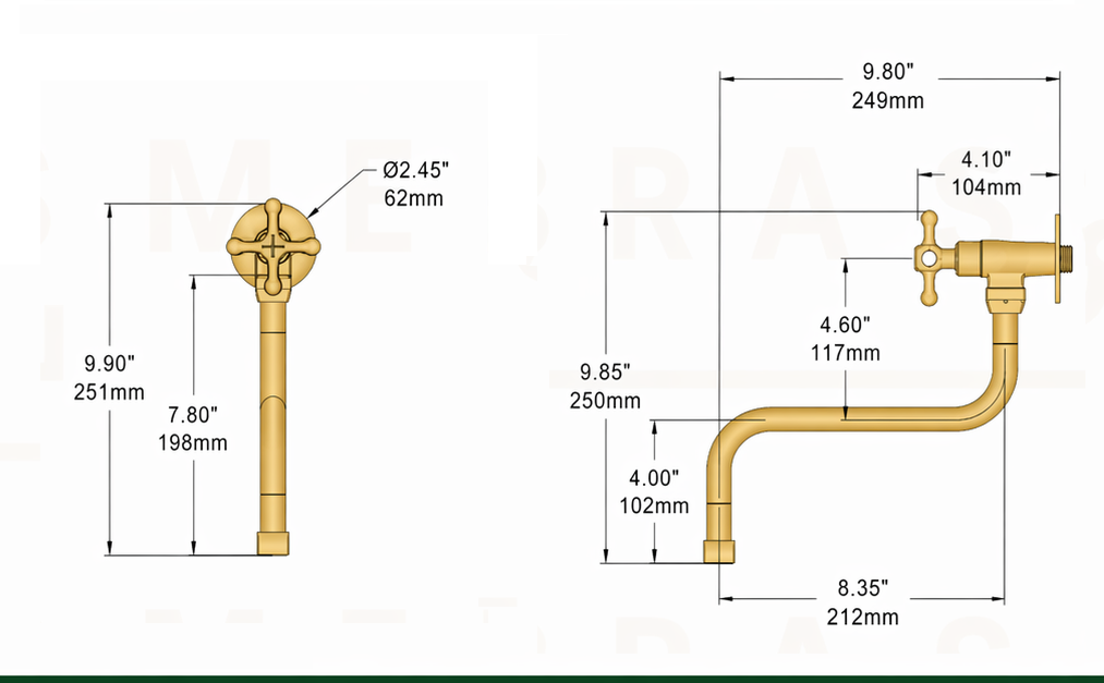 Handmade solid brass wall-mounted pot filler faucet with a swiveling neck and unlacquered living brass finish installed above a kitchen stove.