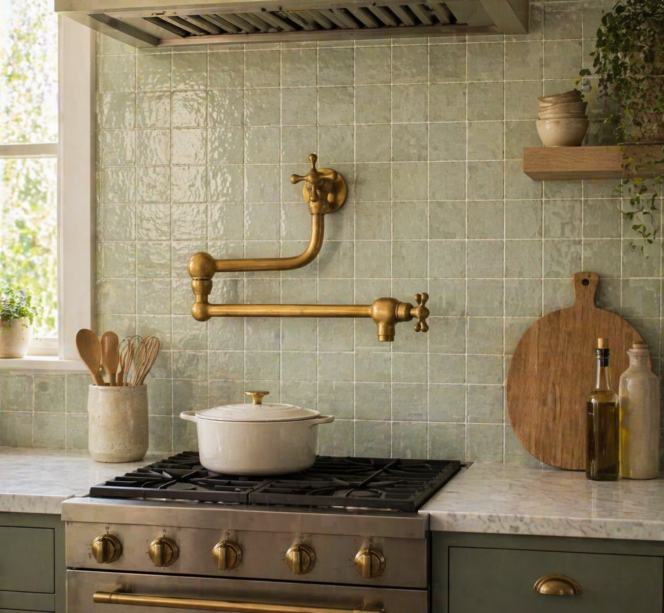 Handmade unlacquered solid brass wall-mounted pot filler faucet with double swing arms and dual shut-off valves installed above a kitchen stove.
