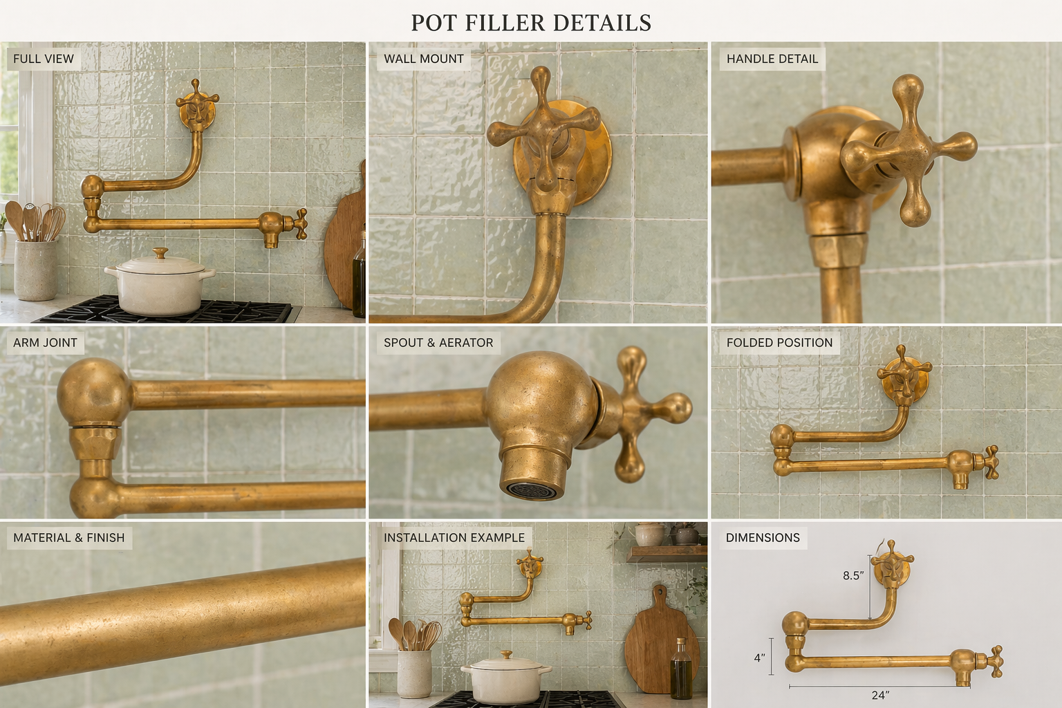 Handmade unlacquered solid brass wall-mounted pot filler faucet with double swing arms and dual shut-off valves installed above a kitchen stove.