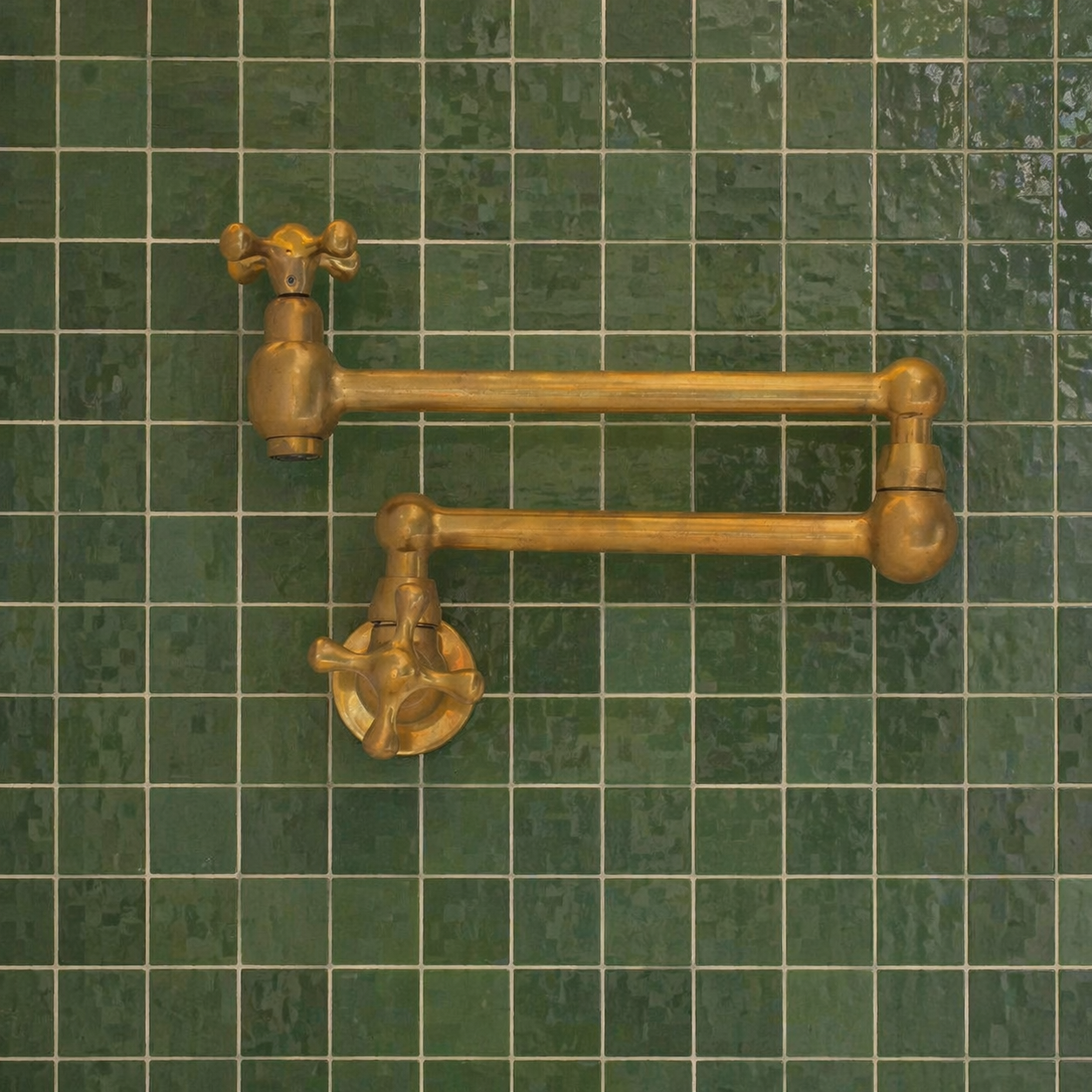 Handmade unlacquered solid brass wall-mounted pot filler faucet with dual swing arms and cross handles installed above a kitchen stove.