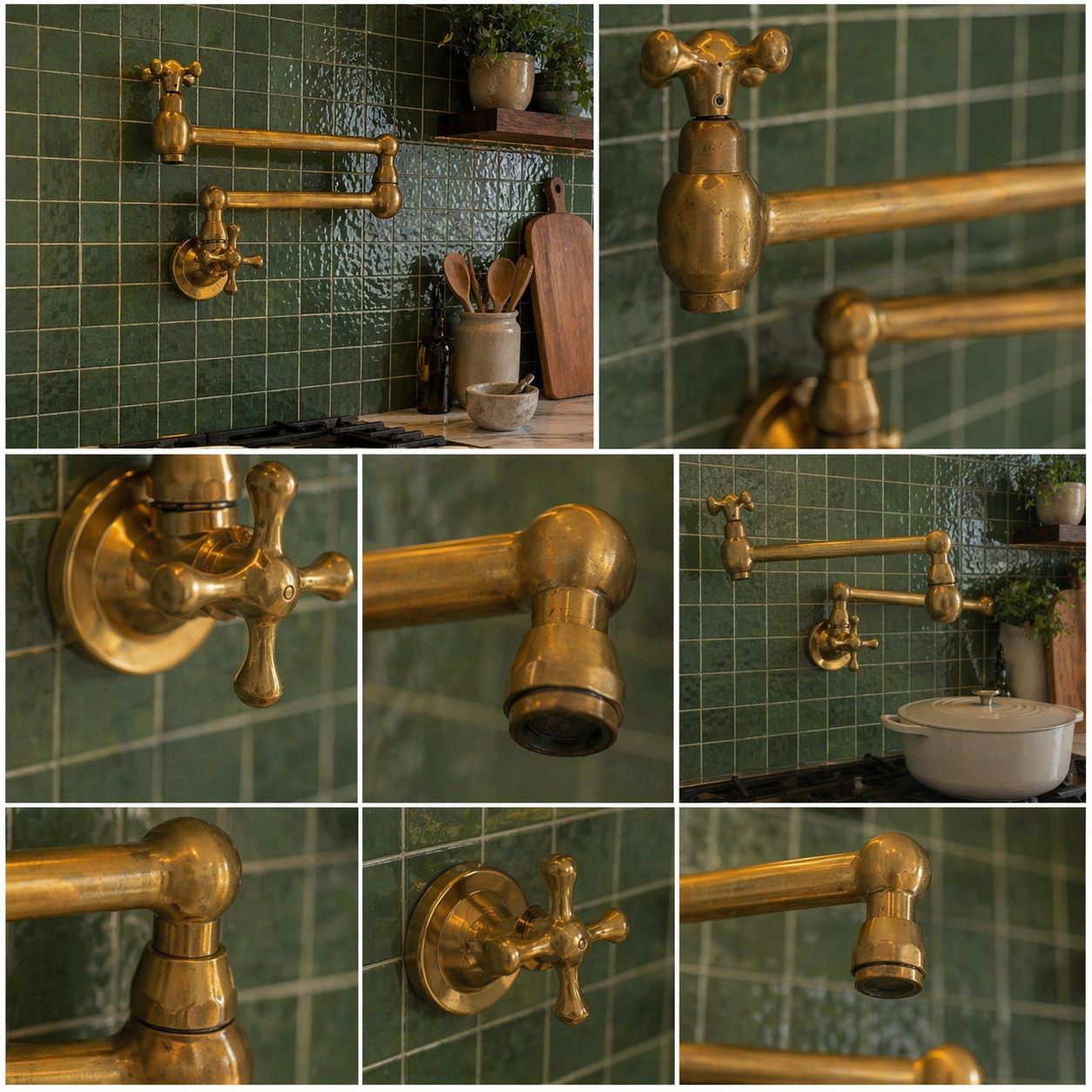 Handmade unlacquered solid brass wall-mounted pot filler faucet with dual swing arms and cross handles installed above a kitchen stove.