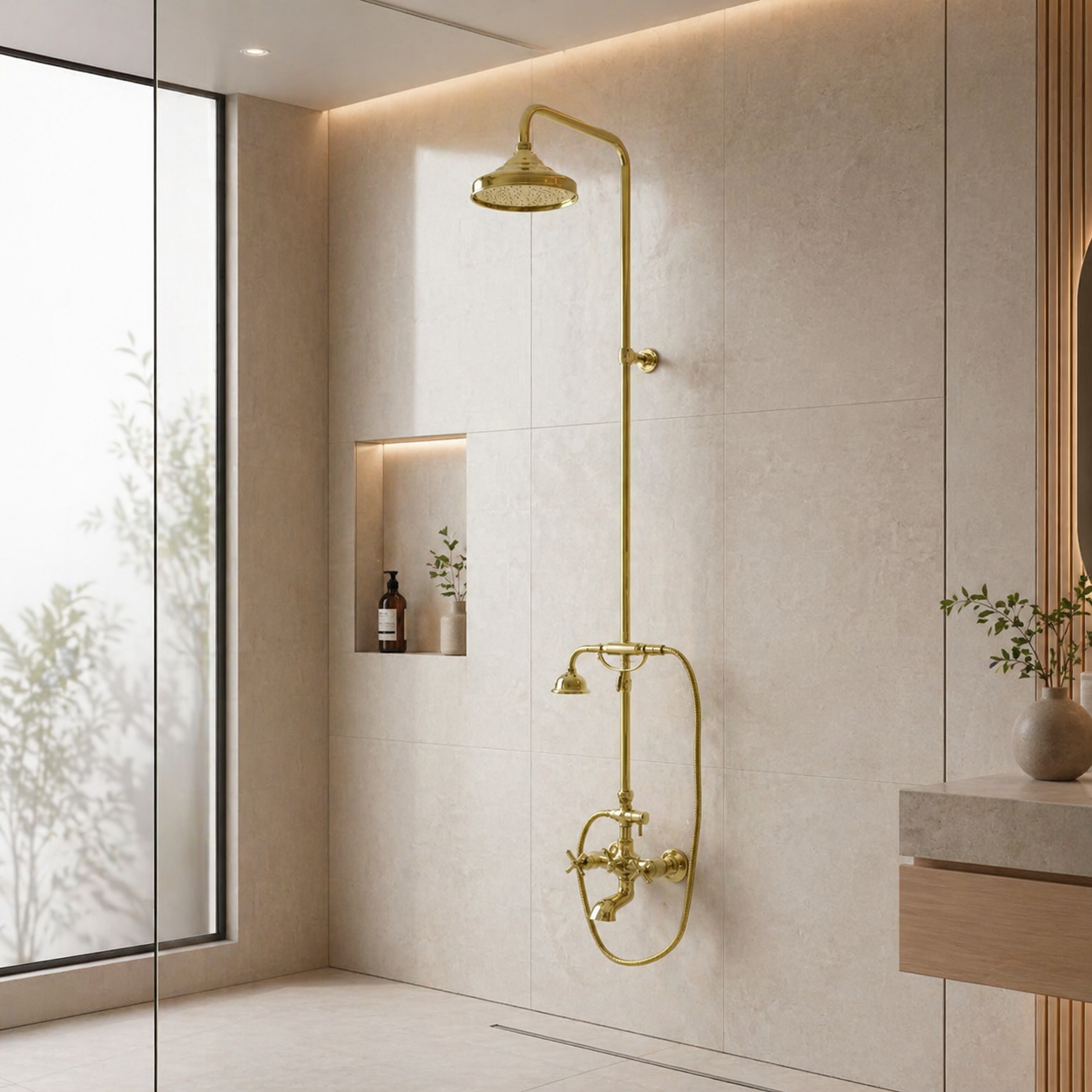 Handcrafted unlacquered antique brass exposed shower system featuring rainfall shower head, handheld shower, cross handles, and integrated tub faucet in a luxury modern bathroom