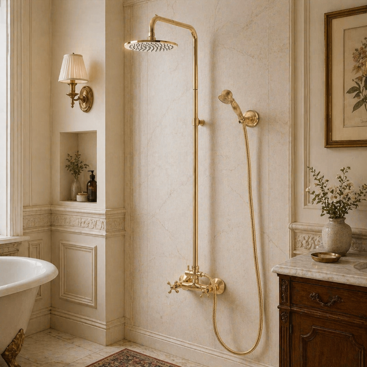 Handcrafted unlacquered antique brass exposed shower system featuring rainfall shower head, handheld shower, cross handles, and integrated tub faucet in a luxury modern bathroom