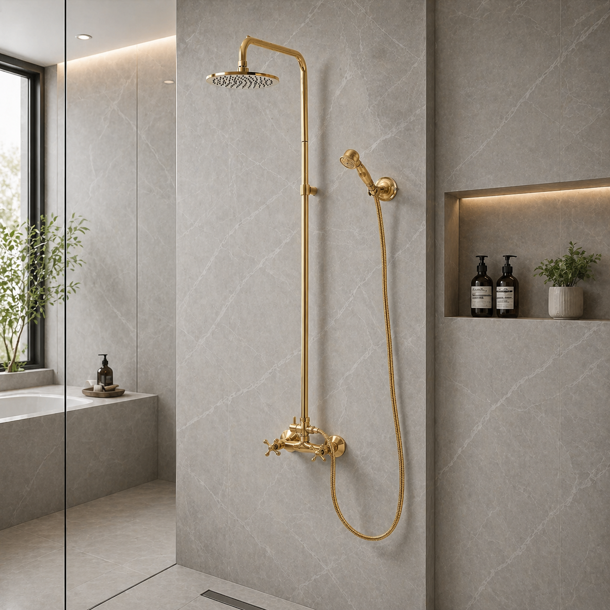 Handcrafted unlacquered antique brass exposed shower system featuring rainfall shower head, handheld shower, cross handles, and integrated tub faucet in a luxury modern bathroom