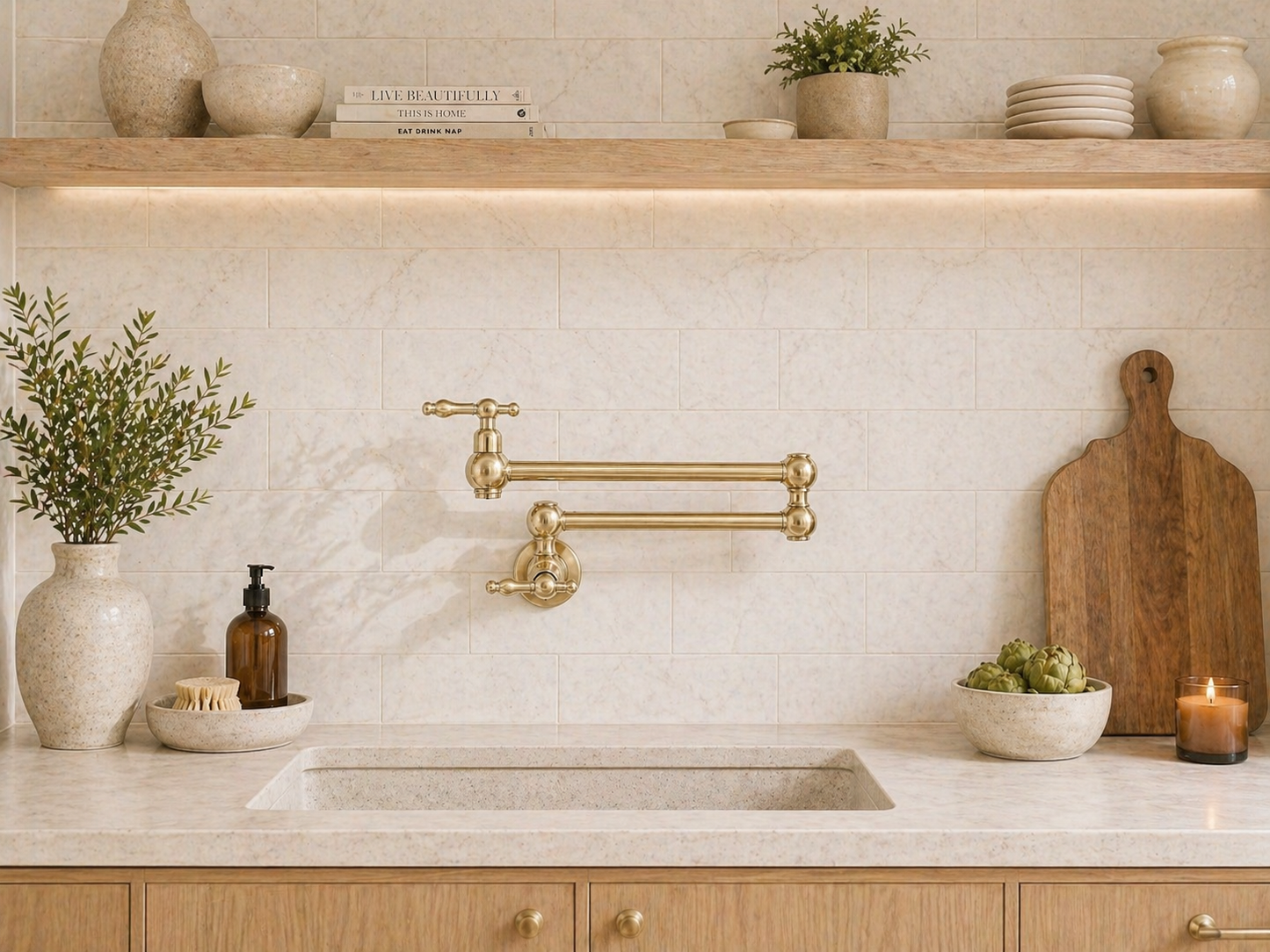 Handmade solid brass wall-mounted pot filler faucet with dual swing arms and unlacquered living brass finish installed above a kitchen stove.