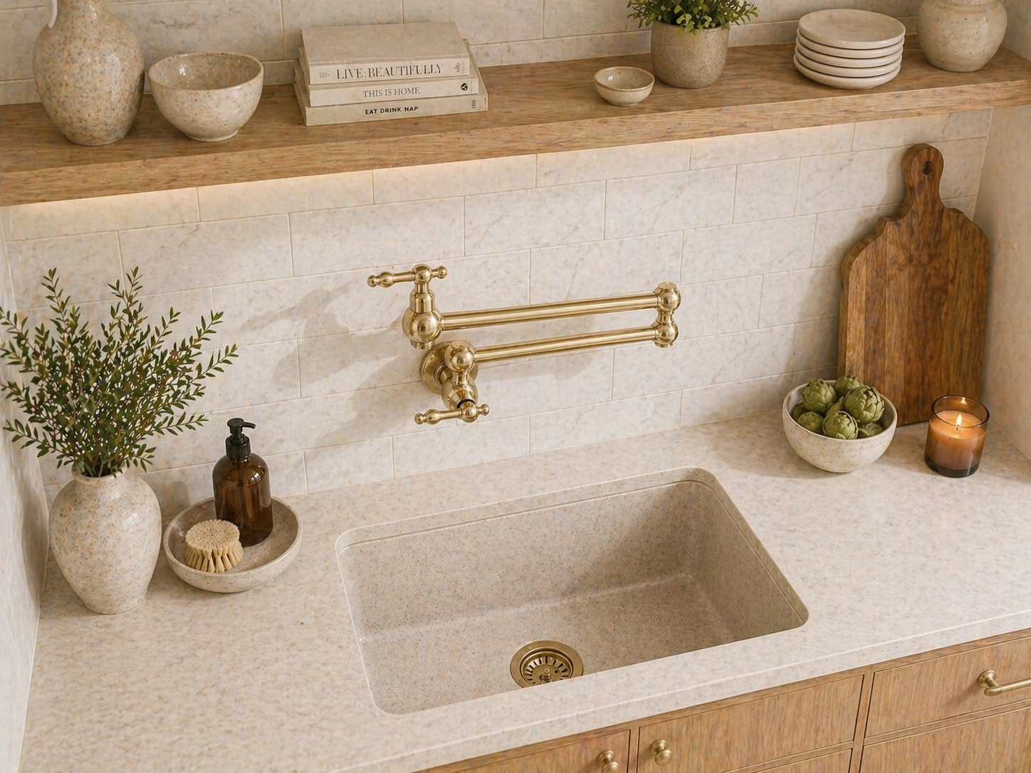 Handmade solid brass wall-mounted pot filler faucet with dual swing arms and unlacquered living brass finish installed above a kitchen stove.