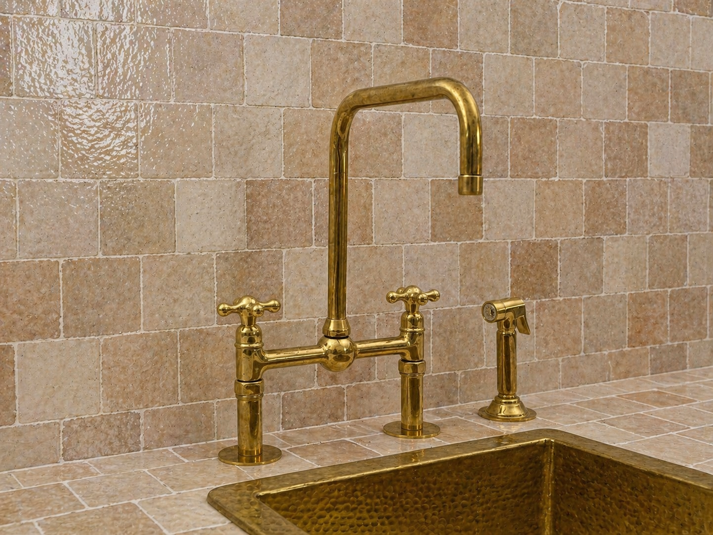 8-inch unlacquered brass bridge kitchen faucet with cross handles, square swivel spout and side sprayer