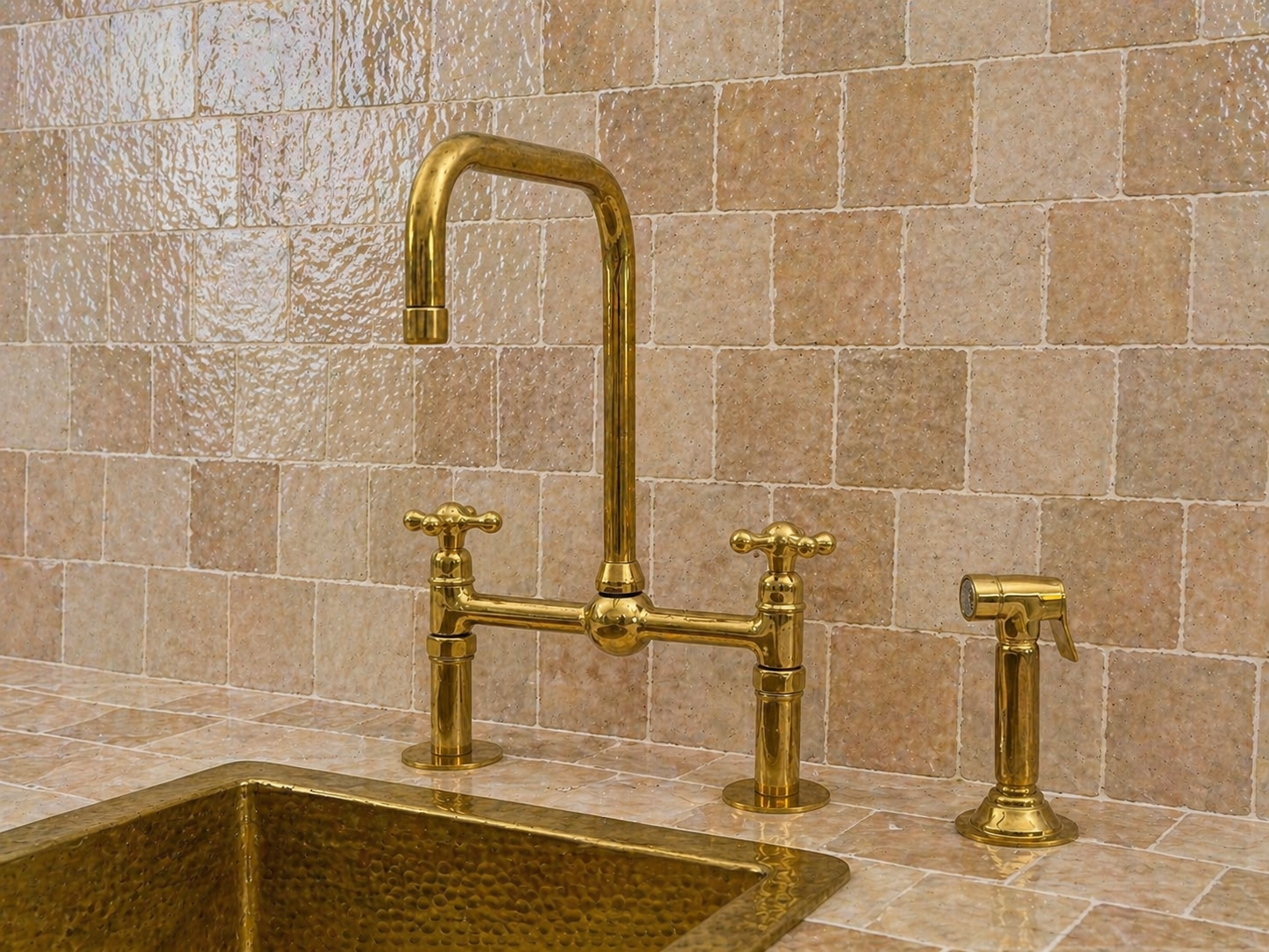 8-inch unlacquered brass bridge kitchen faucet with cross handles, square swivel spout and side sprayer