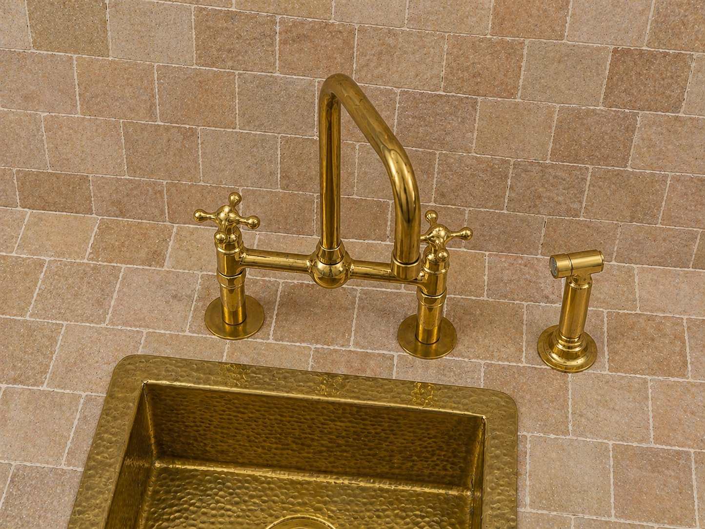 8-inch unlacquered brass bridge kitchen faucet with cross handles, square swivel spout and side sprayer
