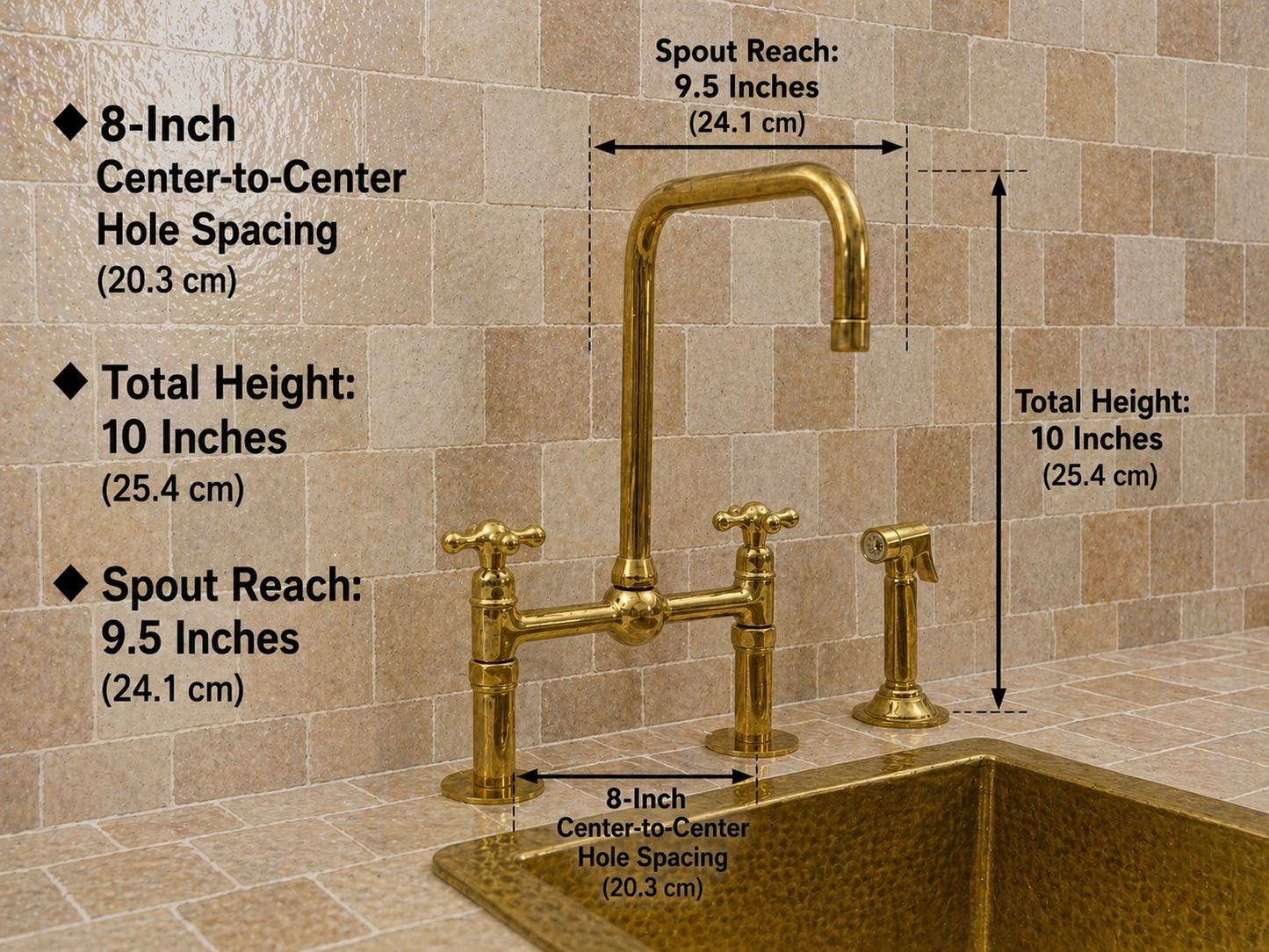 8-inch unlacquered brass bridge kitchen faucet with cross handles, square swivel spout and side sprayer