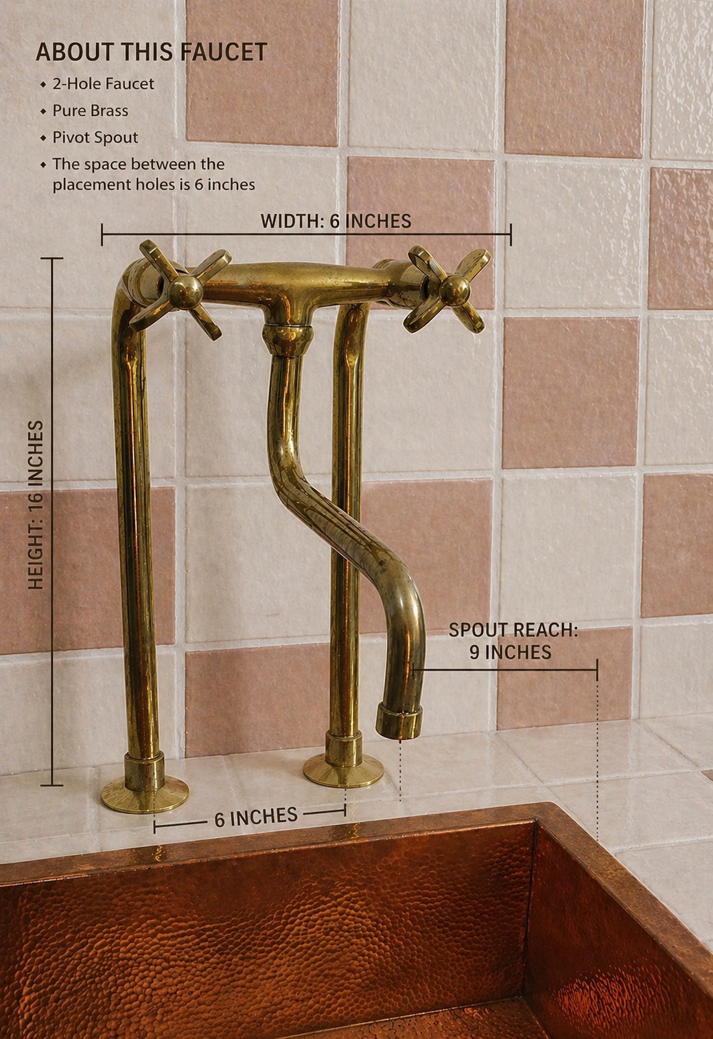 Tall unlacquered brass bridge kitchen faucet with long linear legs, cross handles and curved spout