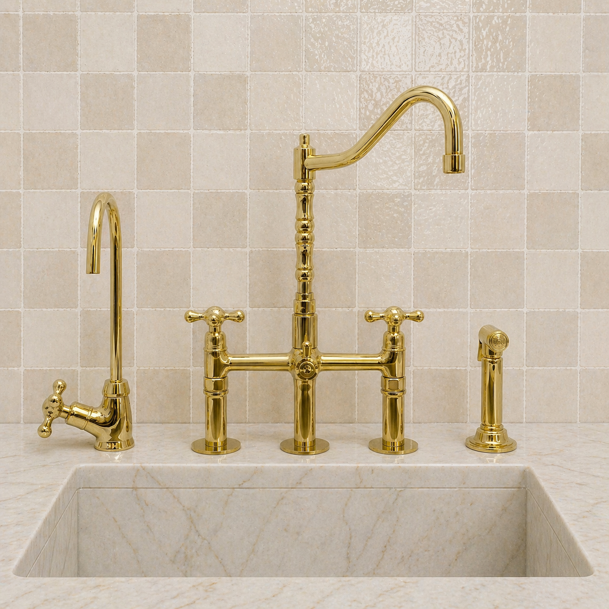 A polished brass three-hole bridge faucet set with a high-arc main spout, a side mixer handle, a separate side spout, and a matching pull-down sink sprayer, installed on a white marble sink against a beige tiled backsplash.
