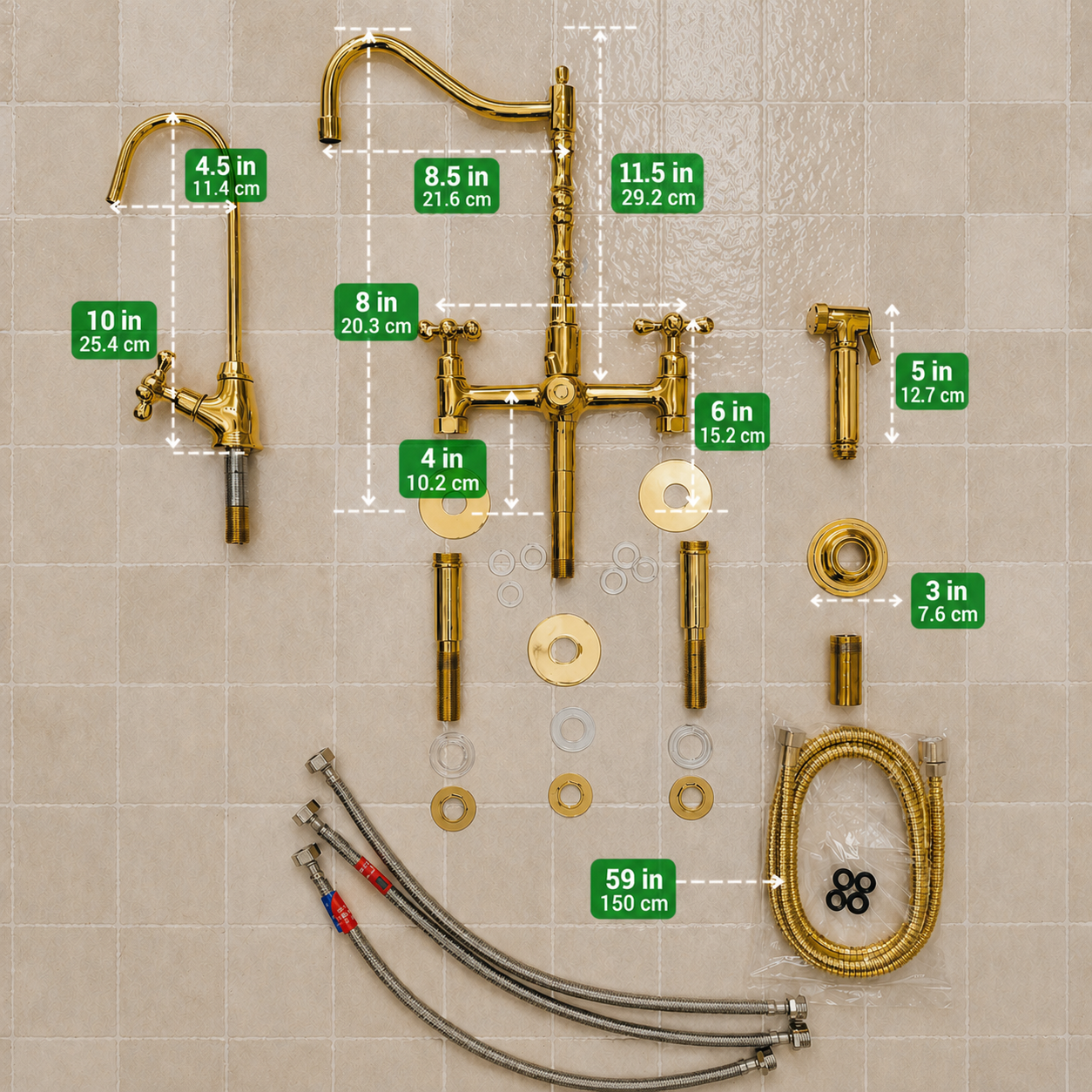 A brass kitchen faucet and shower fixture kit laid out on a beige tiled background, with multiple components including a shower arm, shower head, faucet body, hoses, washers, and dimension callouts in green boxes.