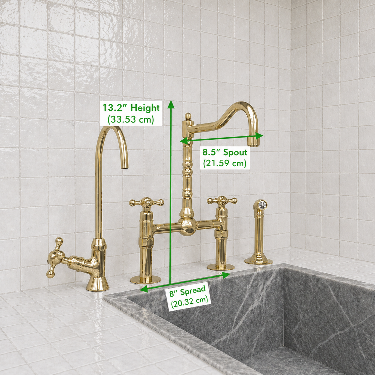 A brass bridge faucet set with a high-arc spout, side handles, and a matching side mixer valve shown installed above a gray stone sink. Green measurement arrows and labels indicate height, spout width, and sink spread.