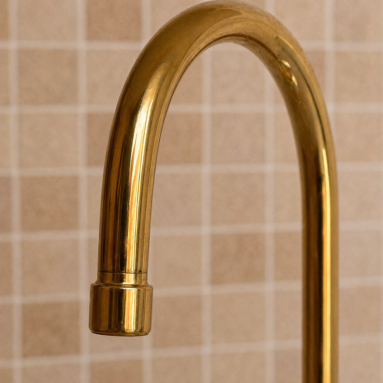 A close-up of a polished brass or gold-finished kitchen faucet spout set against a beige tiled backsplash.