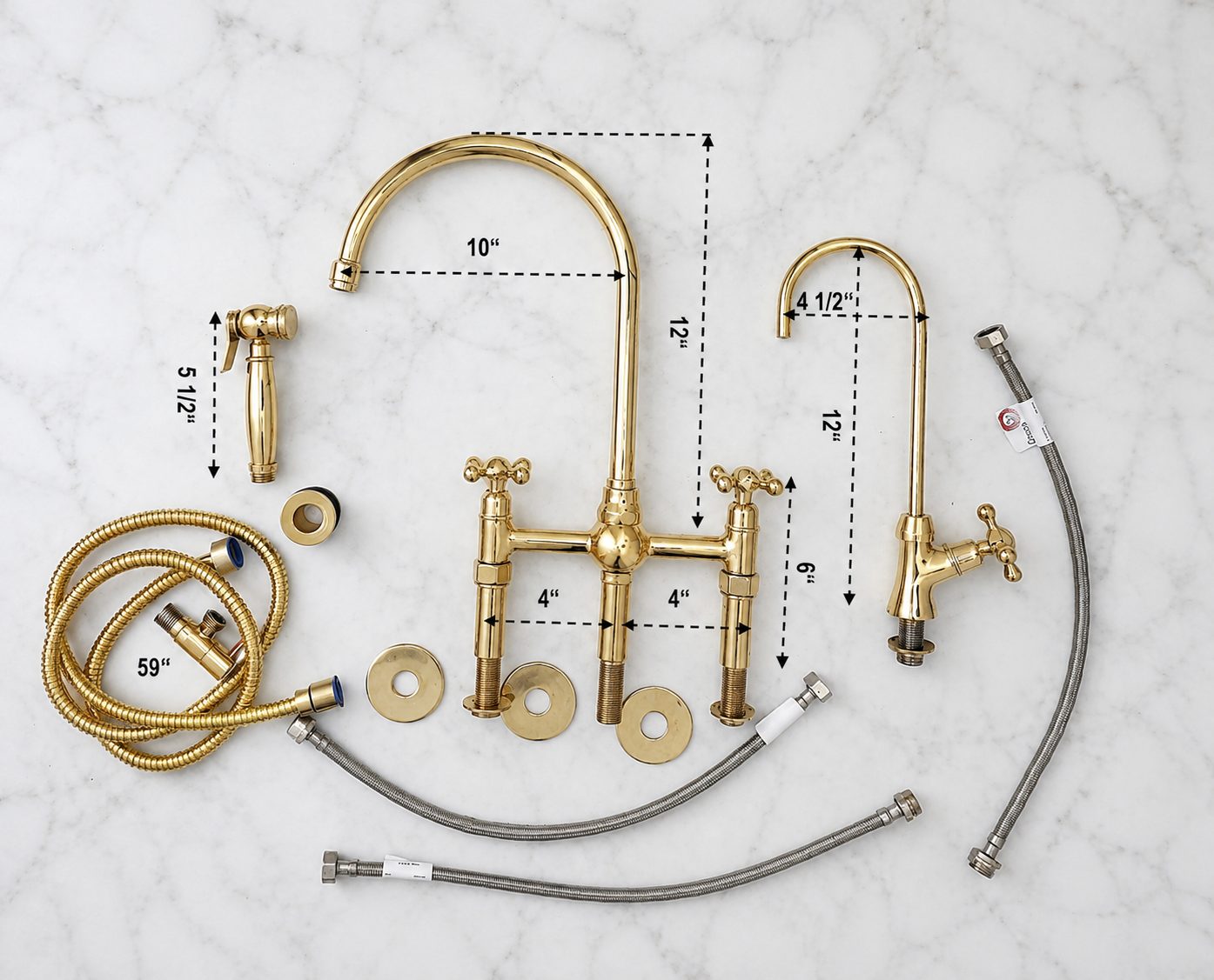A brass kitchen faucet set laid out on a white marble background, including a main bridge faucet, a smaller side faucet, a handheld sprayer, hoses, washers, and dimension callouts.