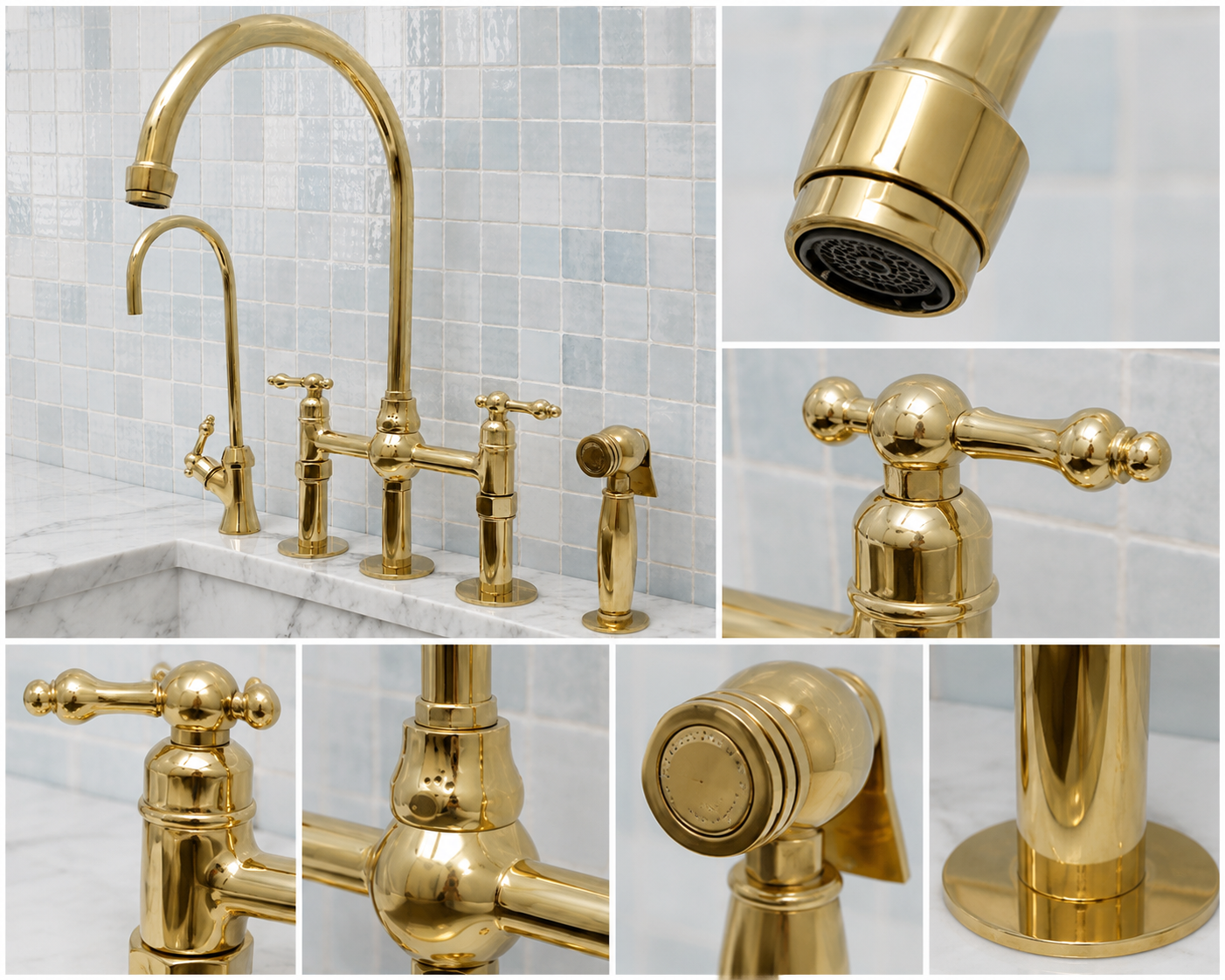 A collage showing a polished gold faucet set installed in a bathroom sink, with close-up detail shots of the curved spout, shower head, cross handles, and base components against a light tiled wall and marble countertop.