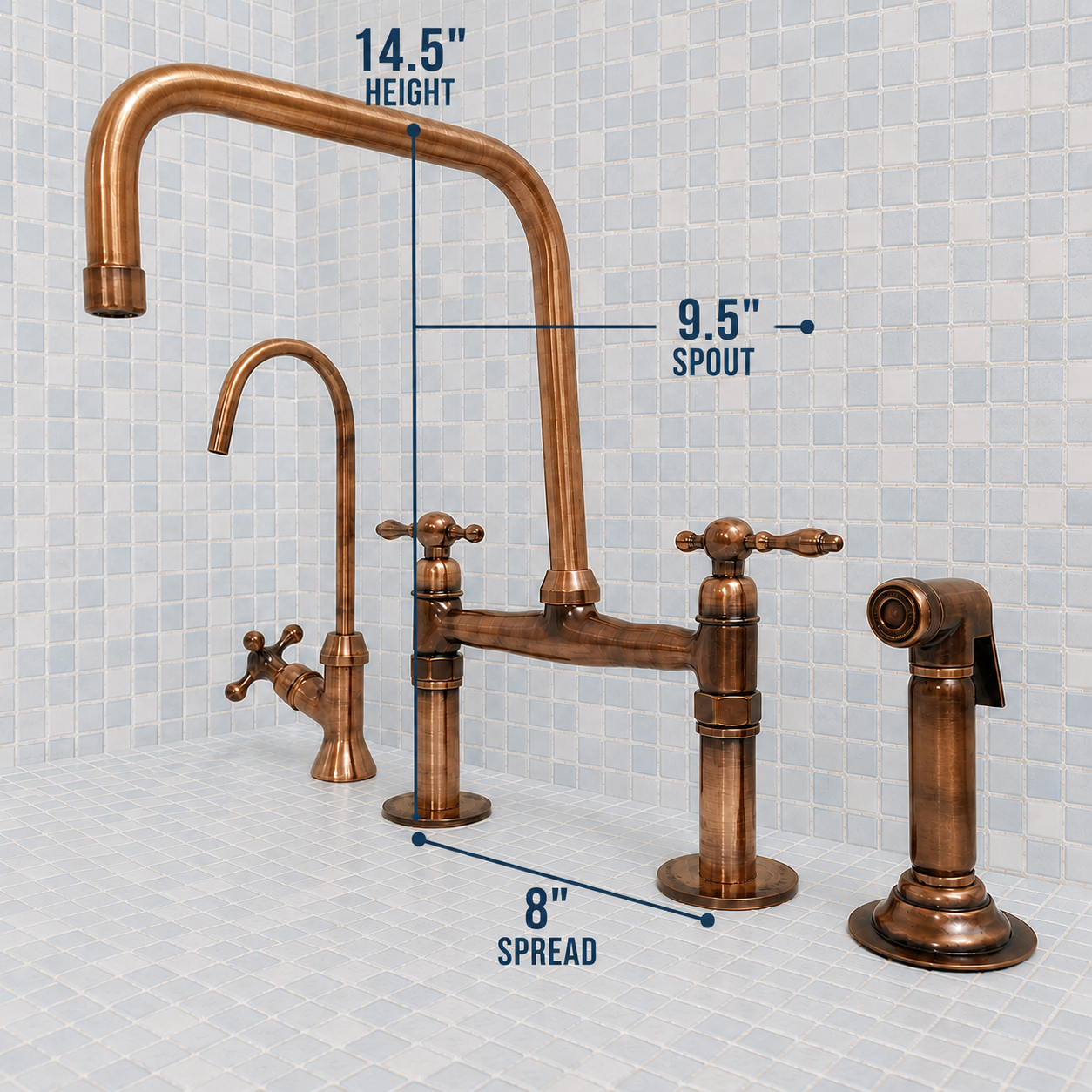 A copper bridge faucet set with a tall gooseneck spout, a smaller side spout, and a detachable spray head, shown against a light blue tiled background with overlaid dimension labels for height, spout, and spread.