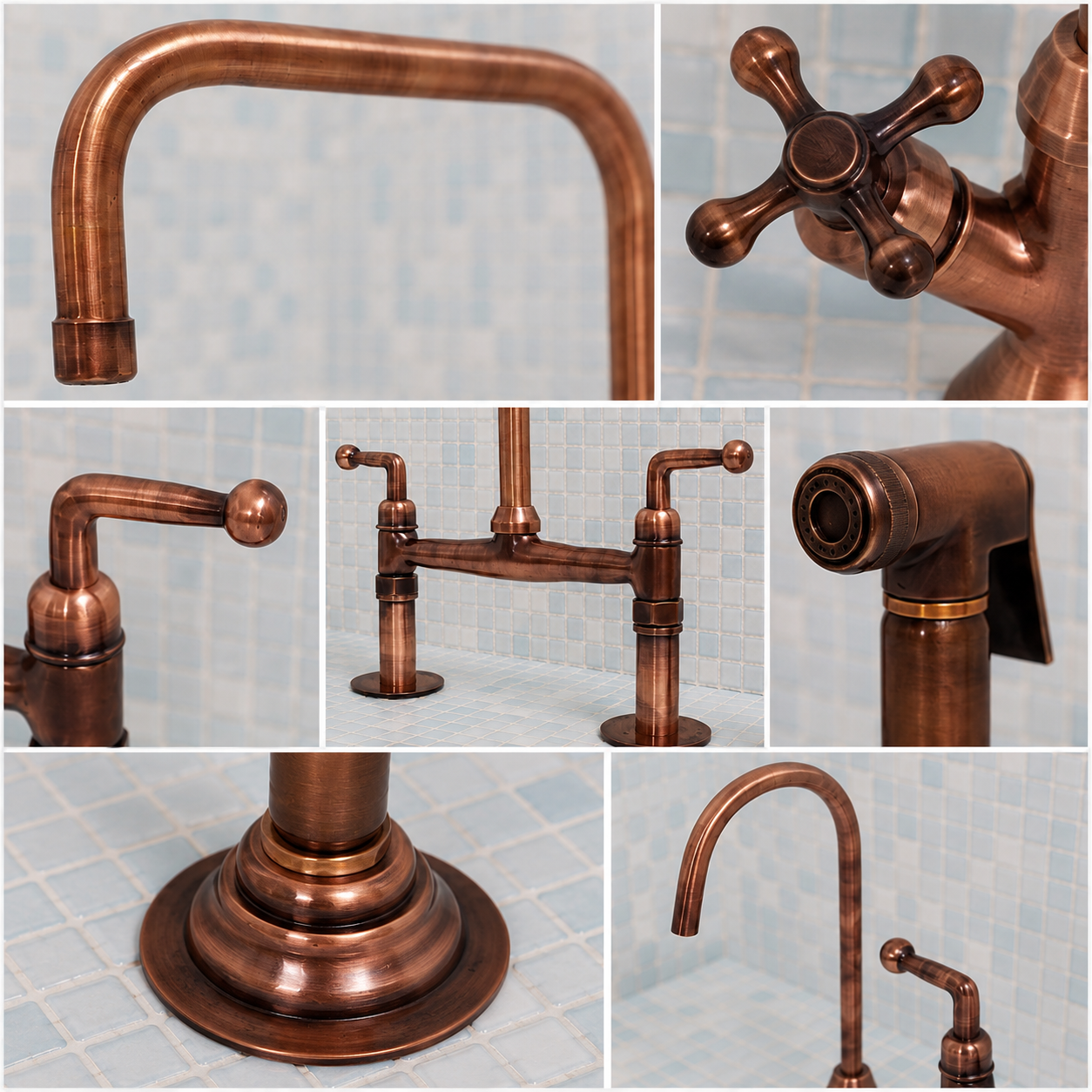 A collage of close-up views showing a copper-toned faucet set with a curved spout, cross-handle valve, bridge faucet, side sprayer, and round base, photographed against a light blue tiled background.