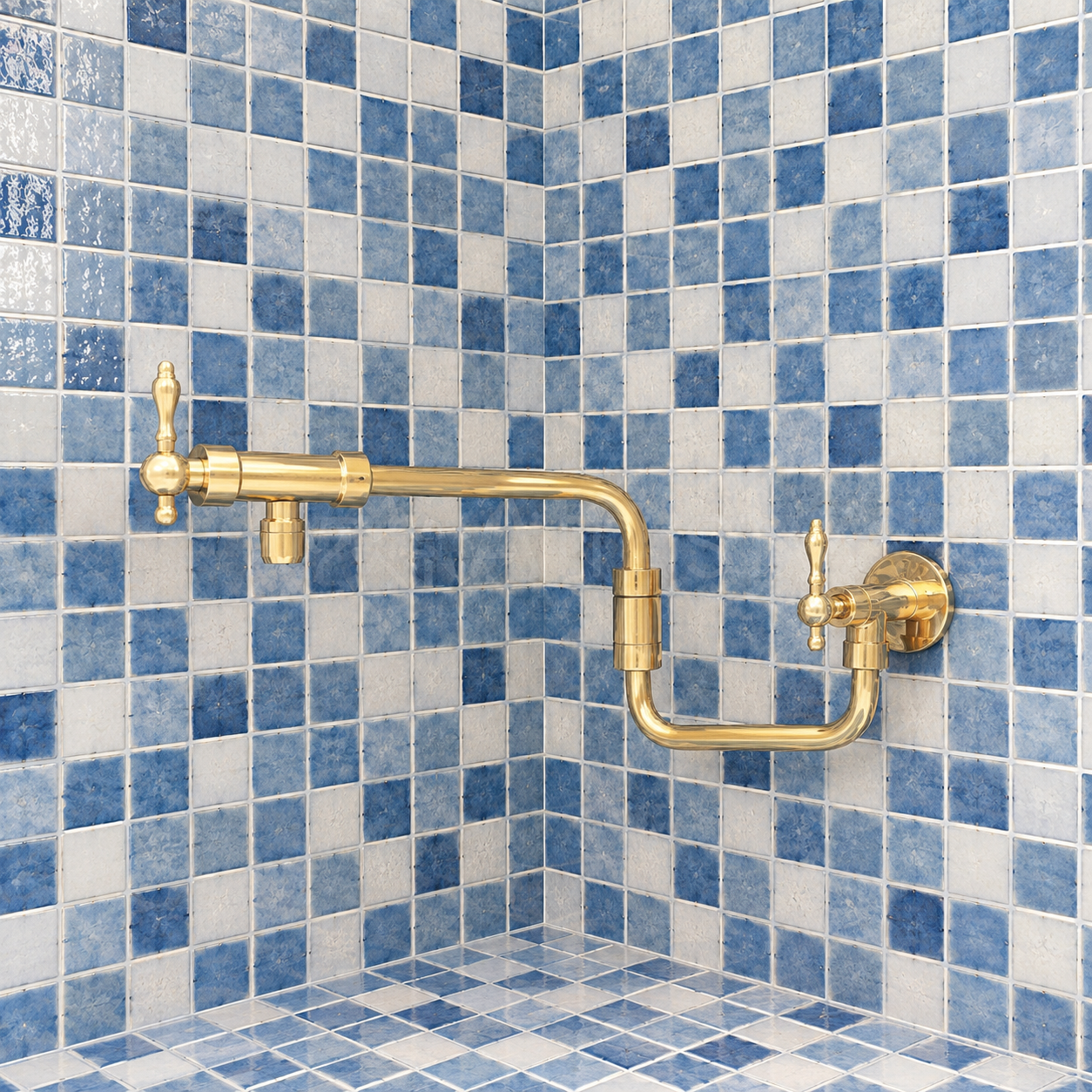 Handcrafted unlacquered solid brass wall mounted pot filler kitchen faucet with dual lever handles installed against blue tile backsplash