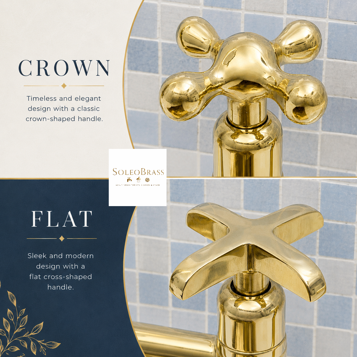 A product comparison graphic for a brass faucet handle set, showing two styles: 'CROWN' with a classic cross-shaped handle and 'FLAT' with a modern flat cross-shaped handle. Both are polished gold/brass.