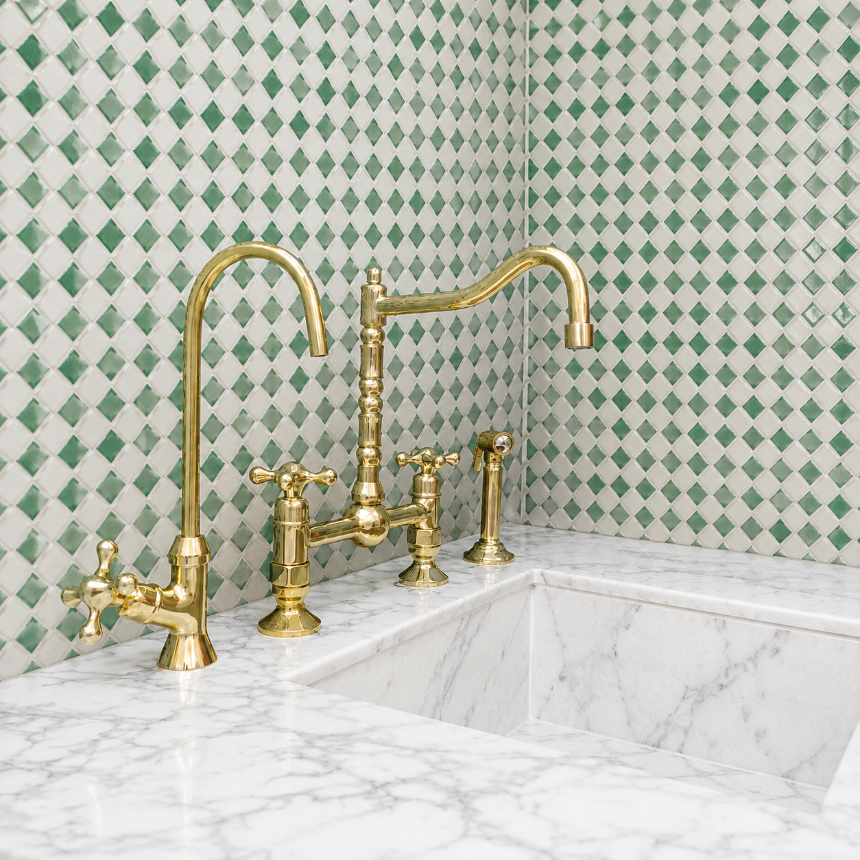 A polished brass bridge faucet set installed over a white marble sink, set against a green and white diamond-patterned tile backsplash.