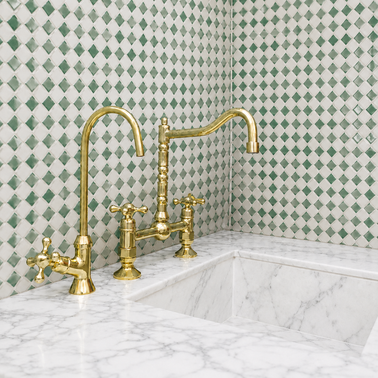 A polished brass bridge faucet with two high-arc spouts and cross handles, installed on a white marble countertop with a matching marble sink and green-and-white diamond-pattern mosaic tile backsplash.