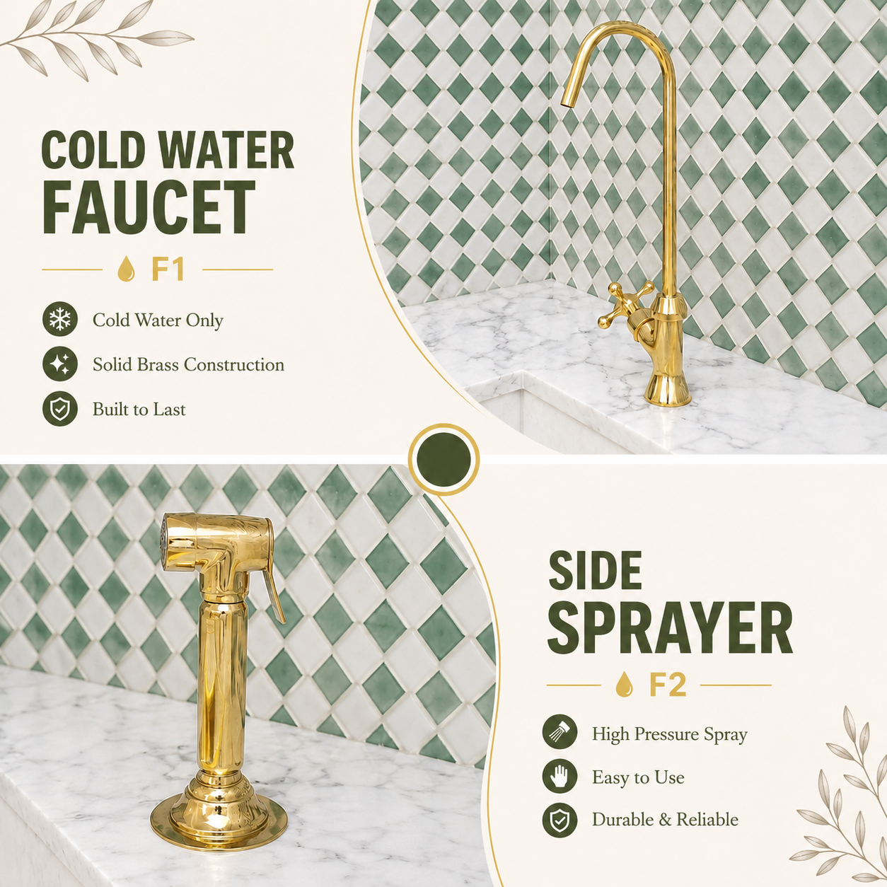 A split promotional graphic showing two bathroom faucet styles: a tall curved gold faucet labeled F1 for cold water only, and a side sprayer gold faucet labeled F2 for high pressure spray. The faucets are shown installed on white marble sinks against a green-and-white diamond-patterned backsplash.